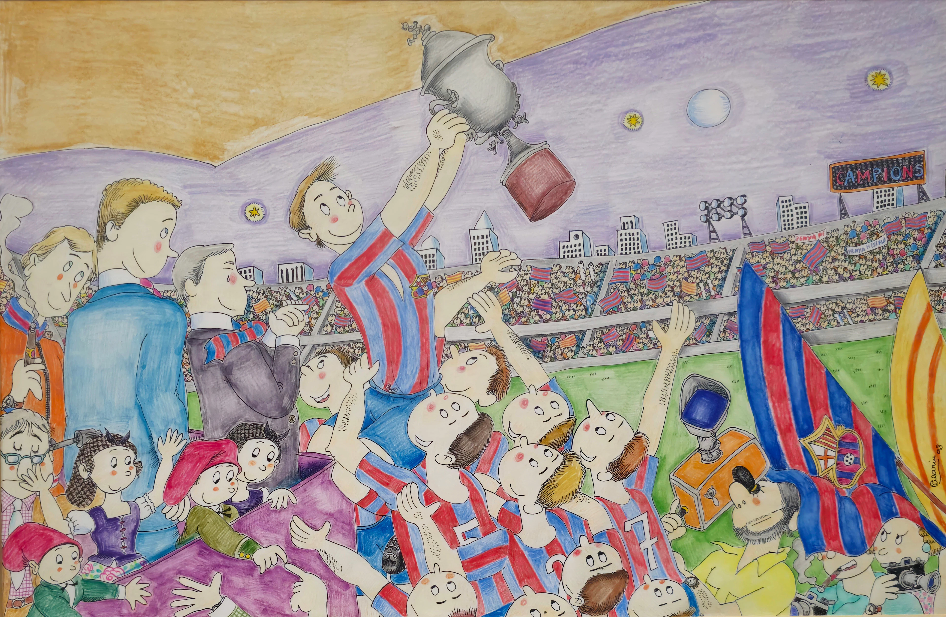 PILARIN BAYÉS. DIBUJO, BARÇA TRICAMPIÓ. LÁPIZ SOBRE PAPEL.