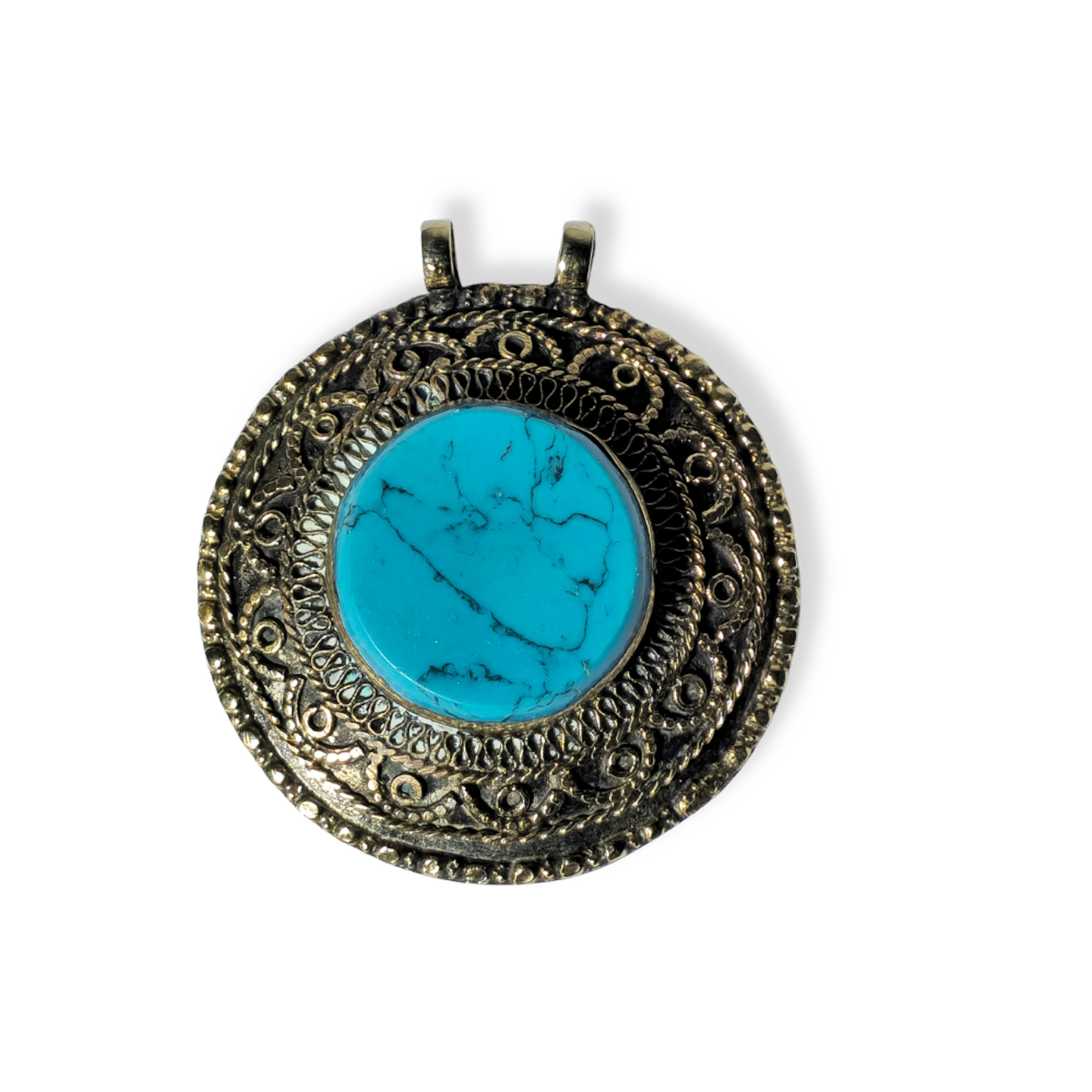 COLGANTE TURCO EN METAL PLATEADO Y TURQUESA.