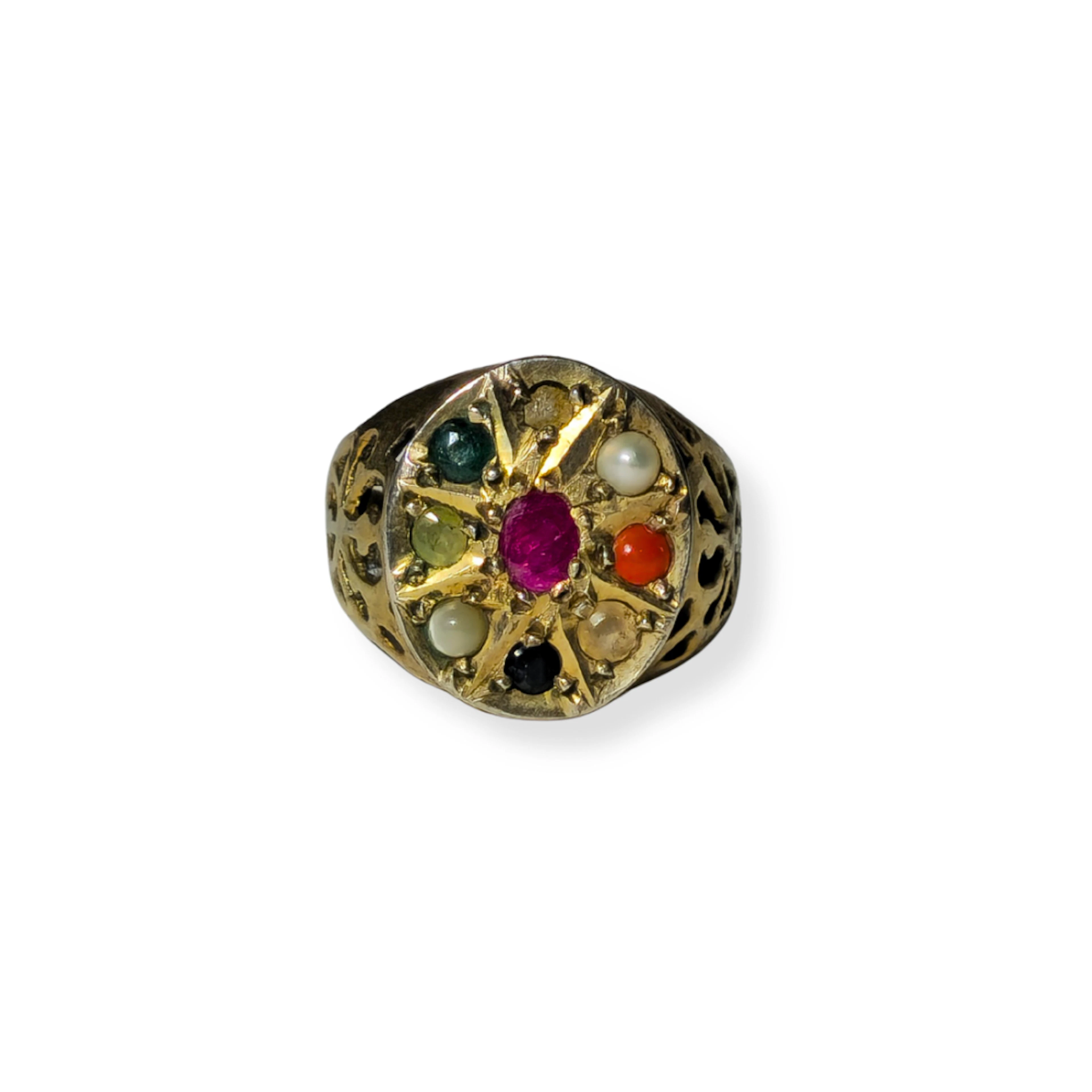ANILLO NAVARATHA (9 GEMAS) EN PLATA CON BAÑO DE ORO.