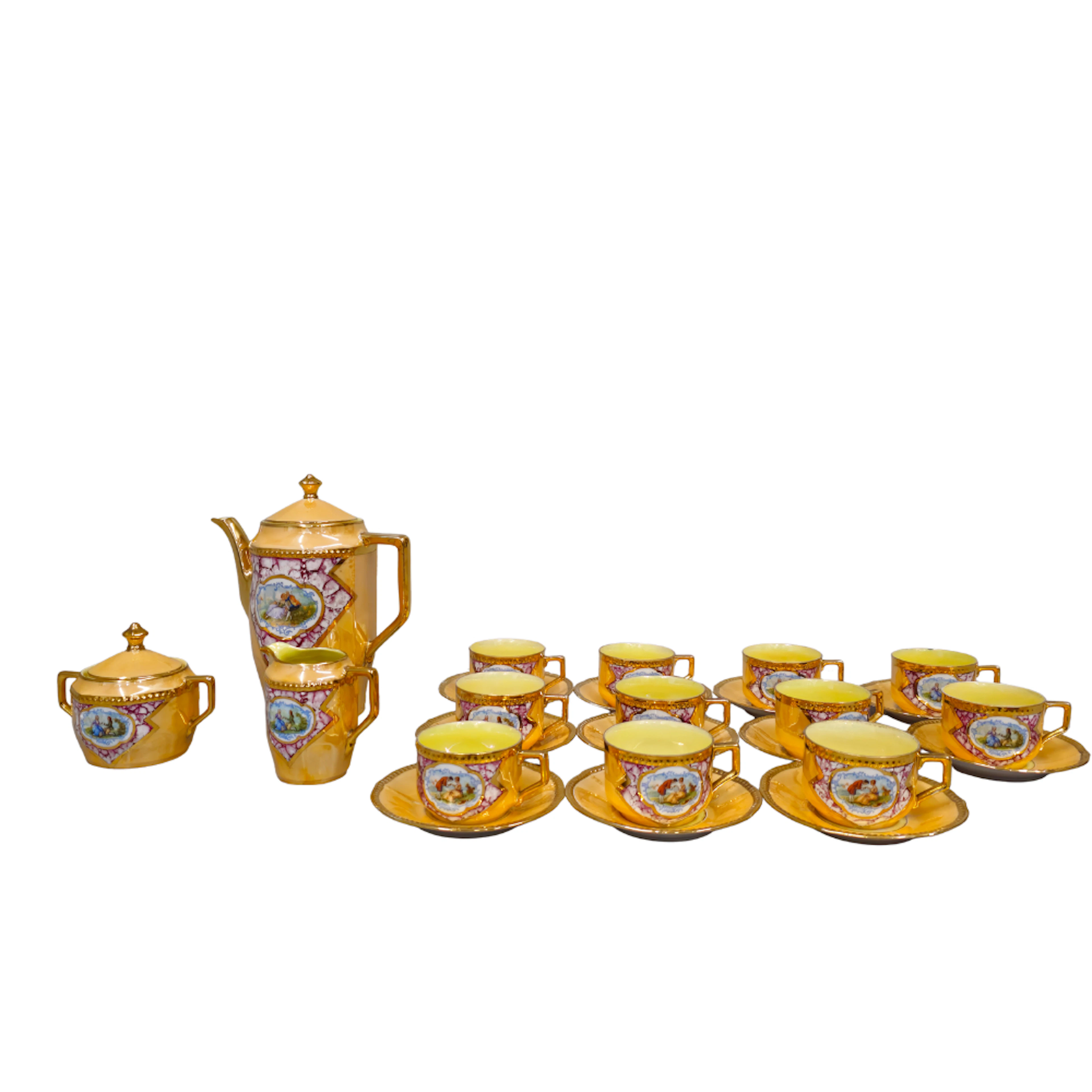 JUEGO DE CAFÉ EN PORCELANA NACARADA "ESCENAS GALANTES" DE 11 SERVICIOS.