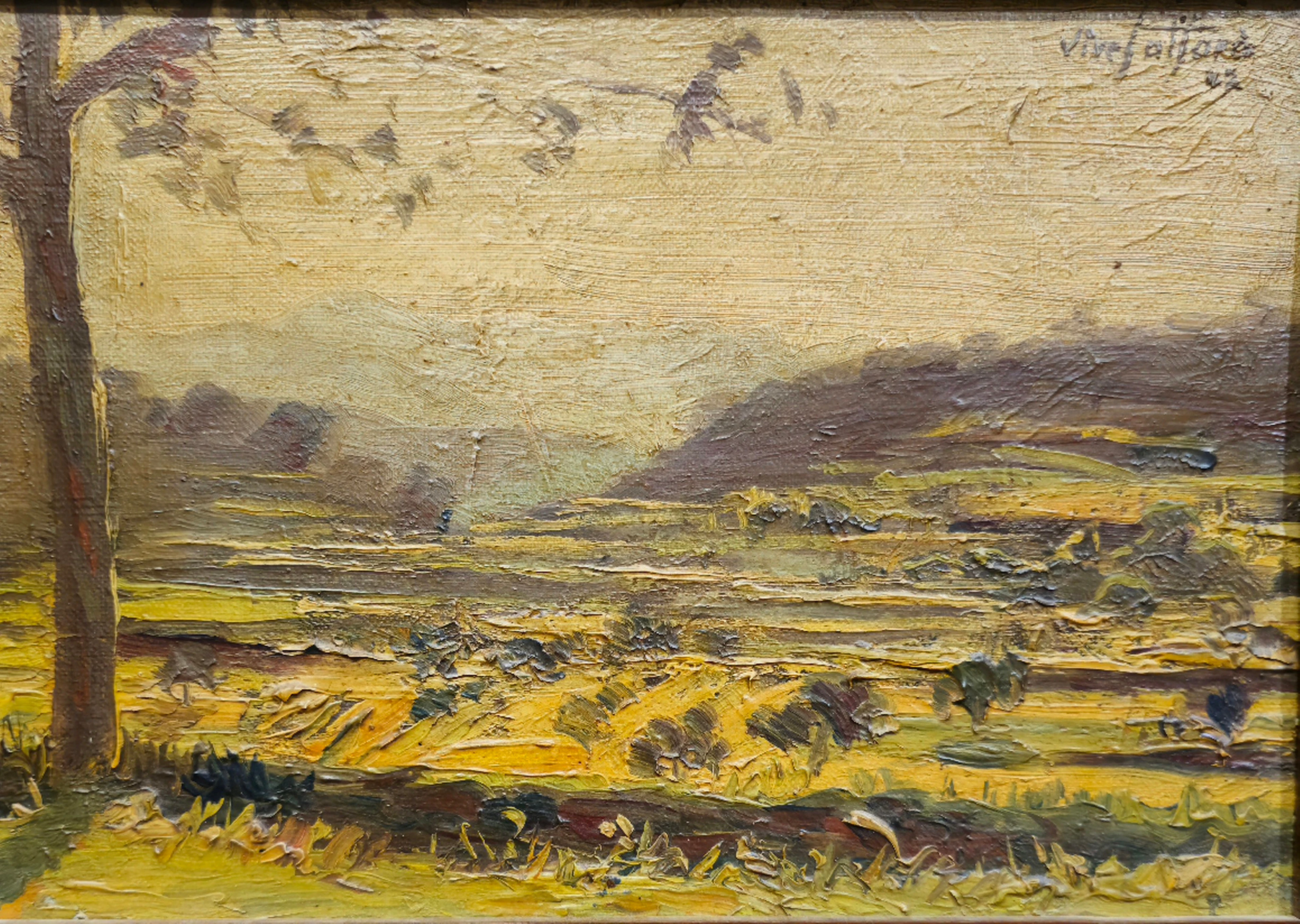 JOSEP VIVES ATRASARA. PAISAJE DE CAMPO. ÓLEO SOBRE TABLA.