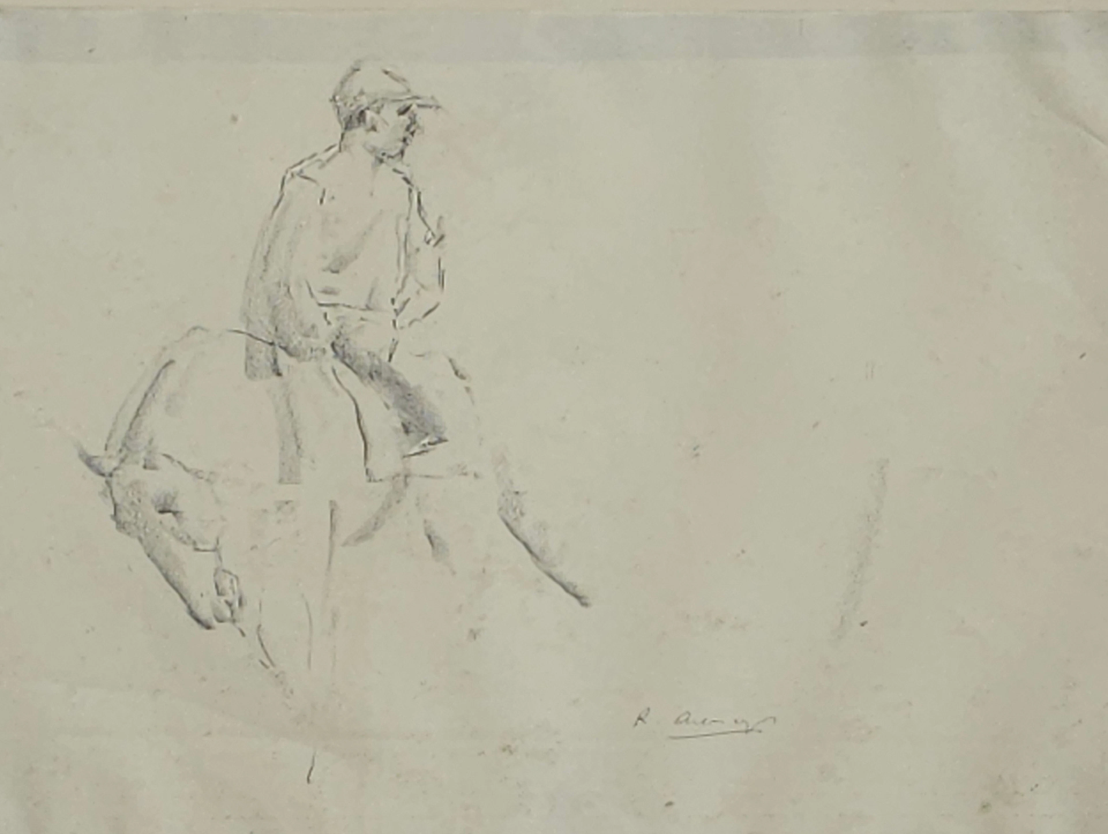 RICARD ARENYS GALDÓN. JINETE A CABALLO, DIBUJO A LÁPIZ SOBRE PAPEL.
