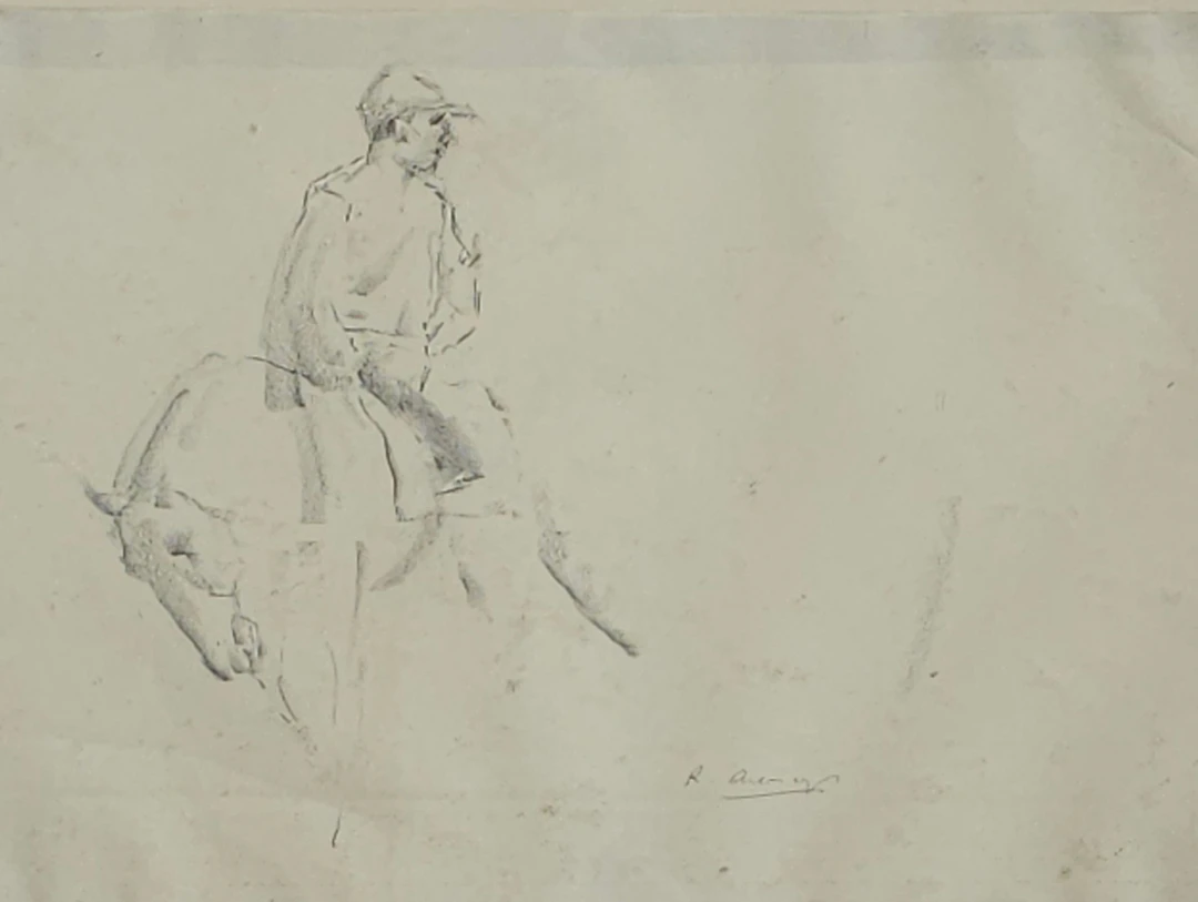 RICARD ARENYS GALDÓN. JINETE A CABALLO, DIBUJO A LÁPIZ SOBRE PAPEL.