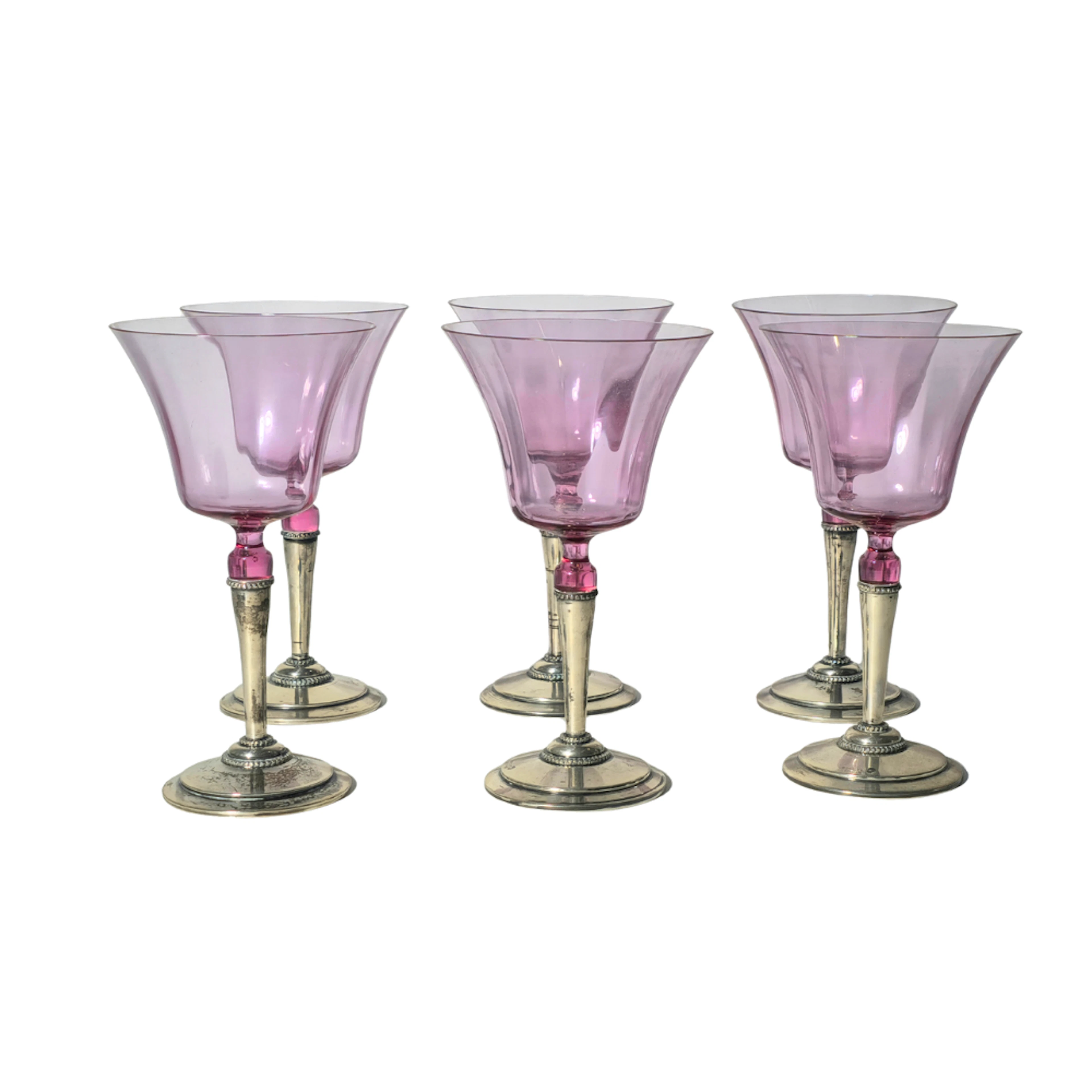 seis copas en cristal soplado color rosa y bástago en plata punzonada.