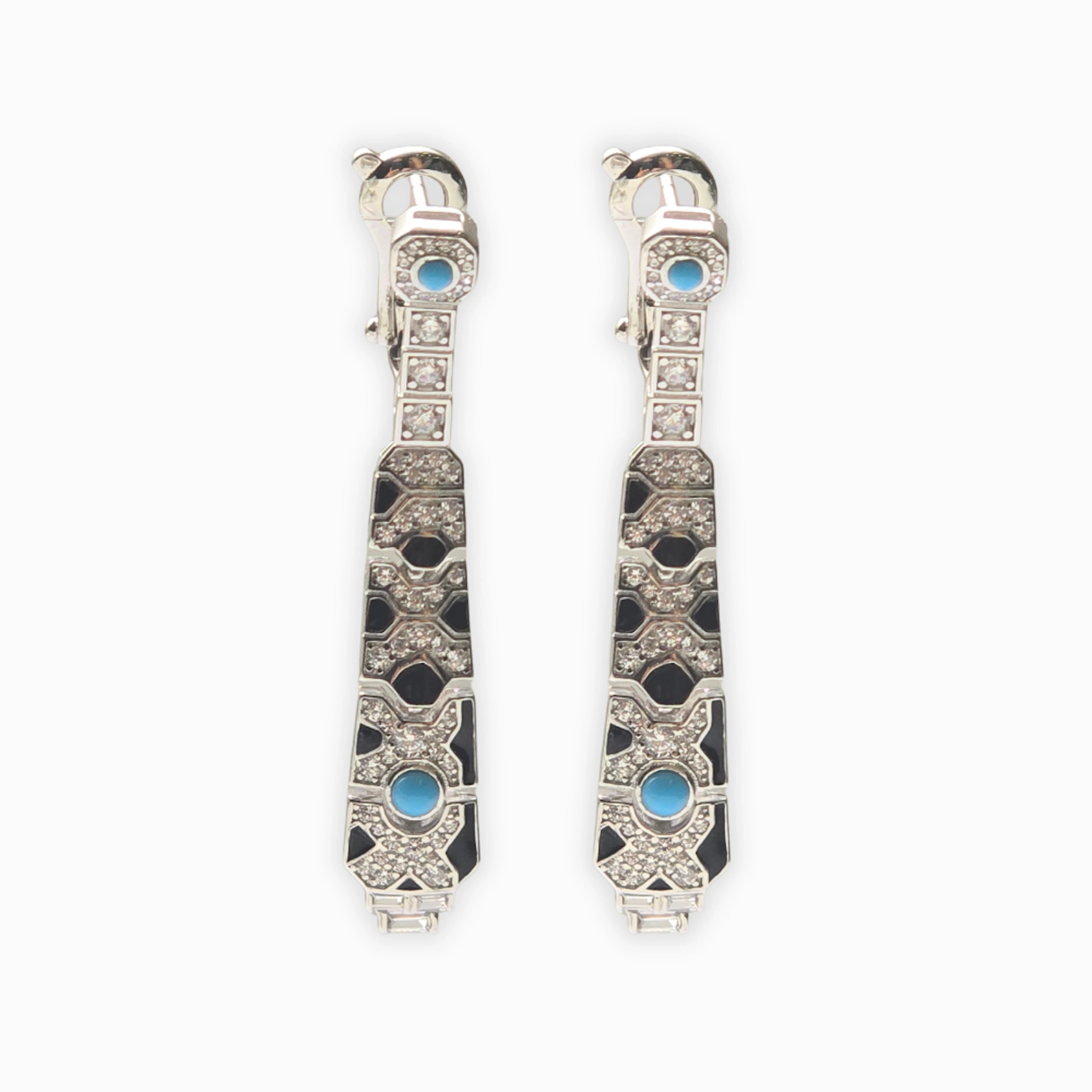 Pendientes estilo Art Déco en plata, circonitas y esmalte.