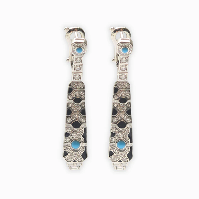 Pendientes estilo Art Déco en plata, circonitas y esmalte.