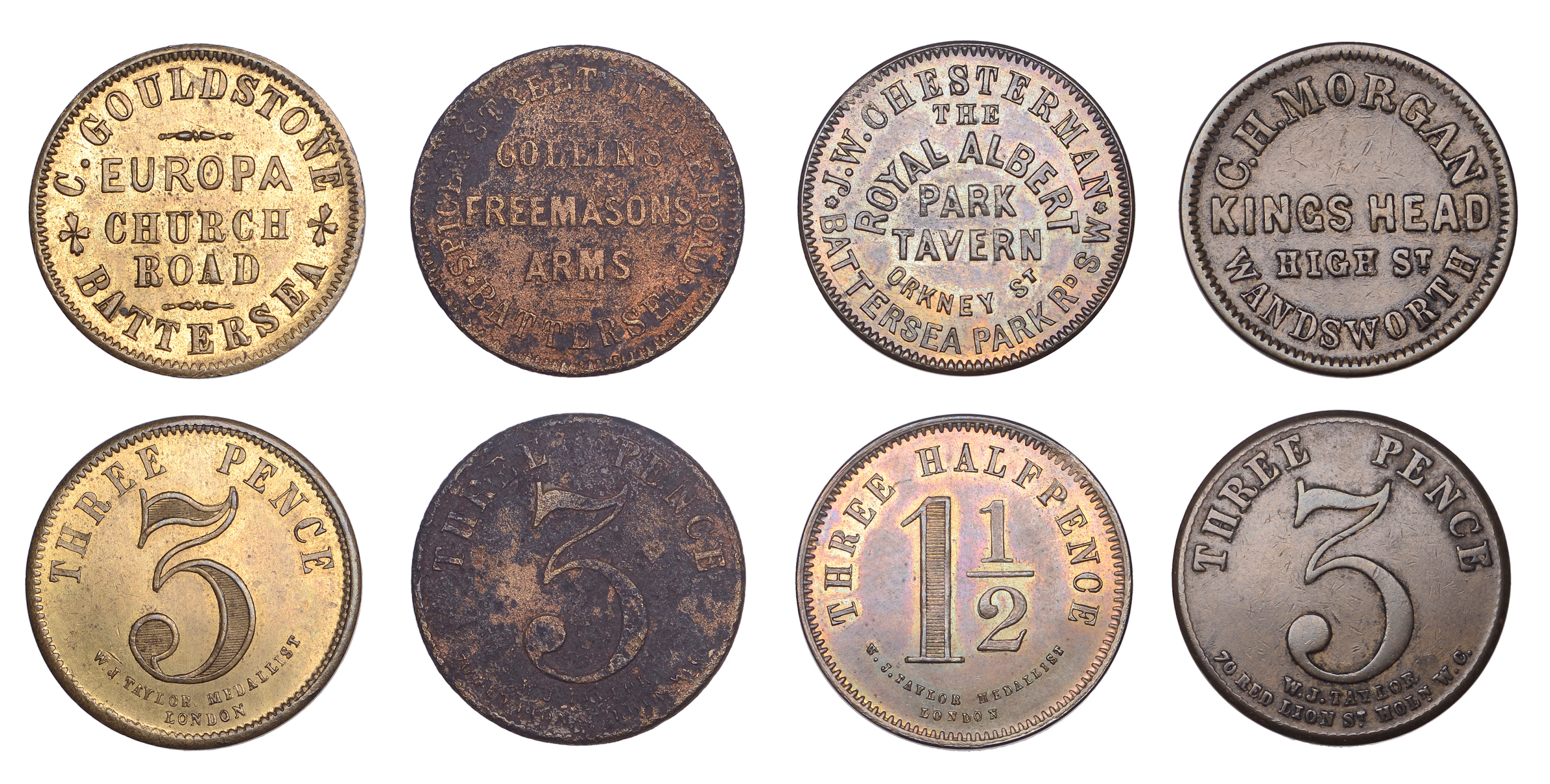 Battersea, Europa, C. Gouldstone, brass Threepence by Taylor, 28mm