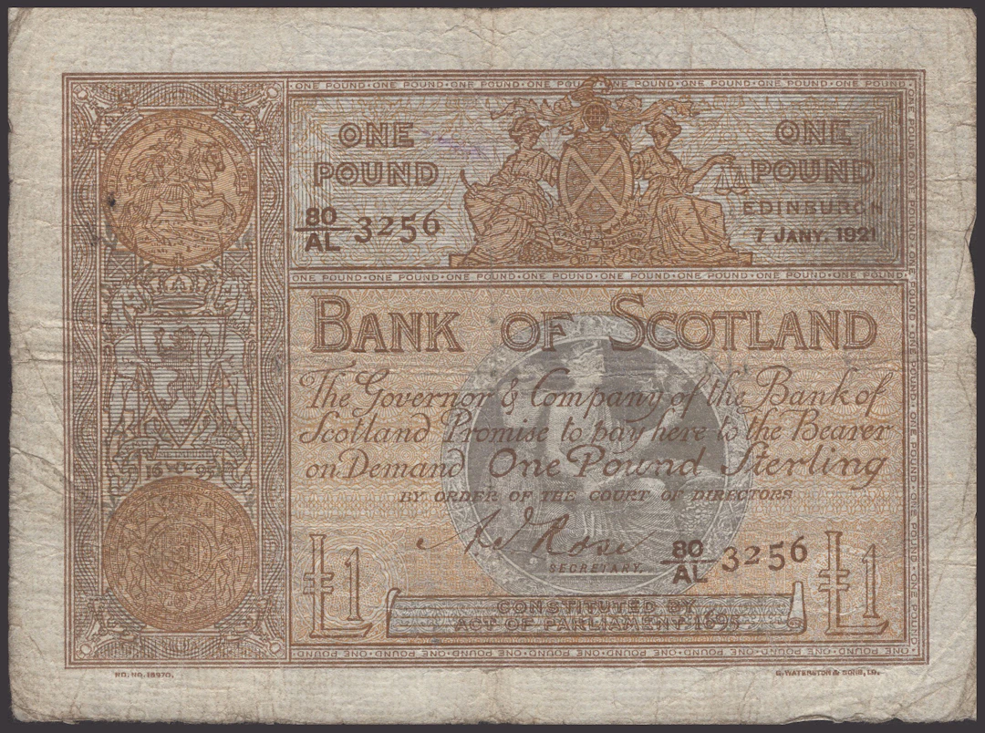 Bank of Scotland, £1, 7 January 1921, serial number 80/AL 3256, Jolly