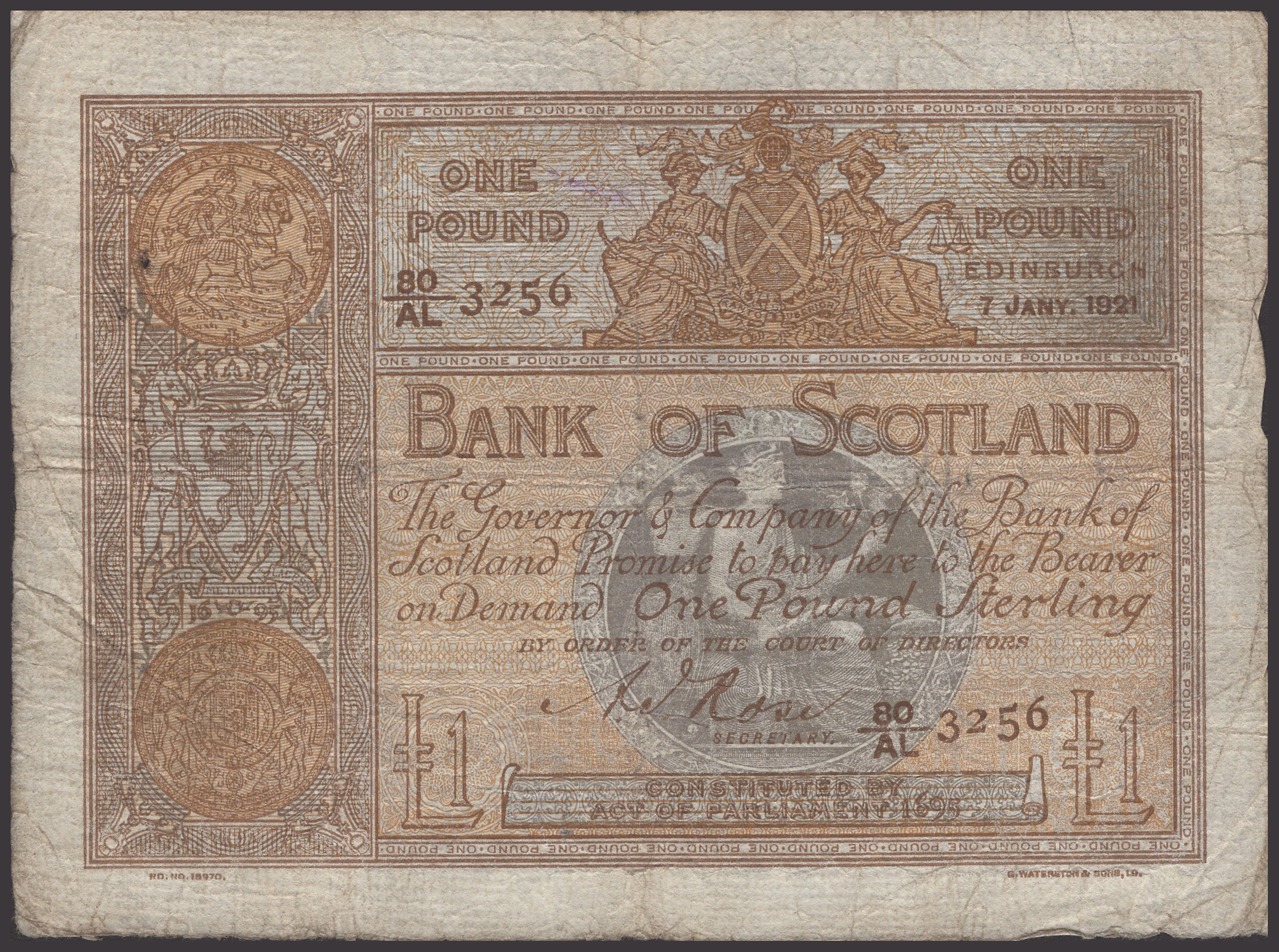 Bank of Scotland, £1, 7 January 1921, serial number 80/AL 3256, Jolly