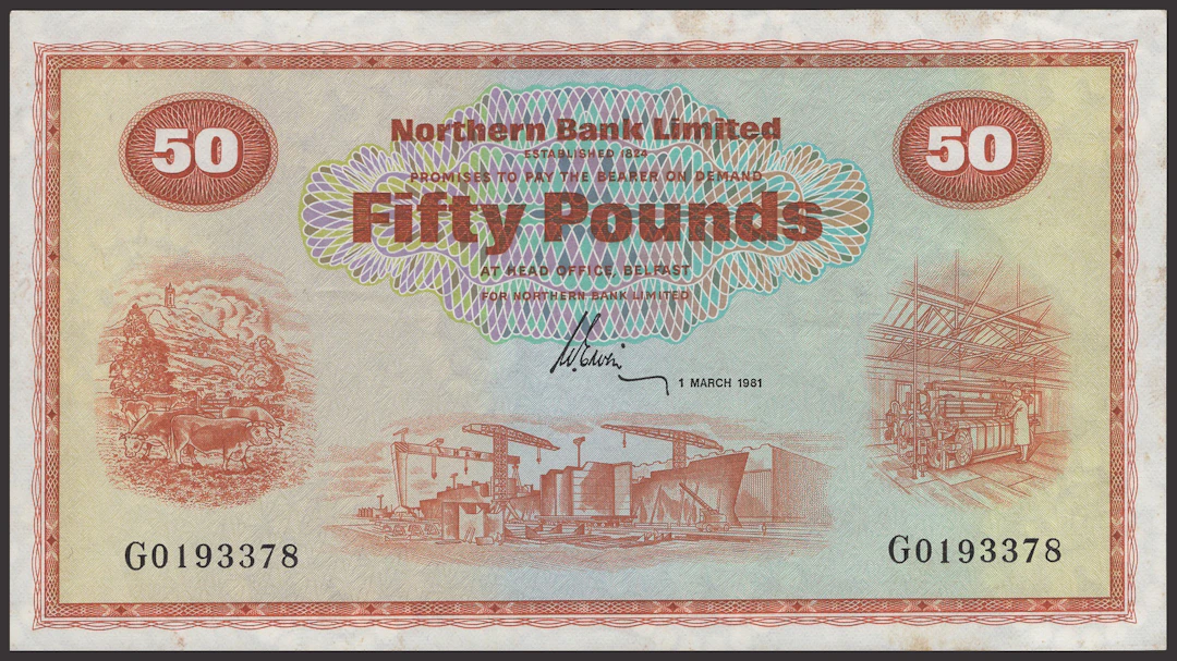 Northern Bank Limited, £50, 1 March 1981, serial number G0193378
