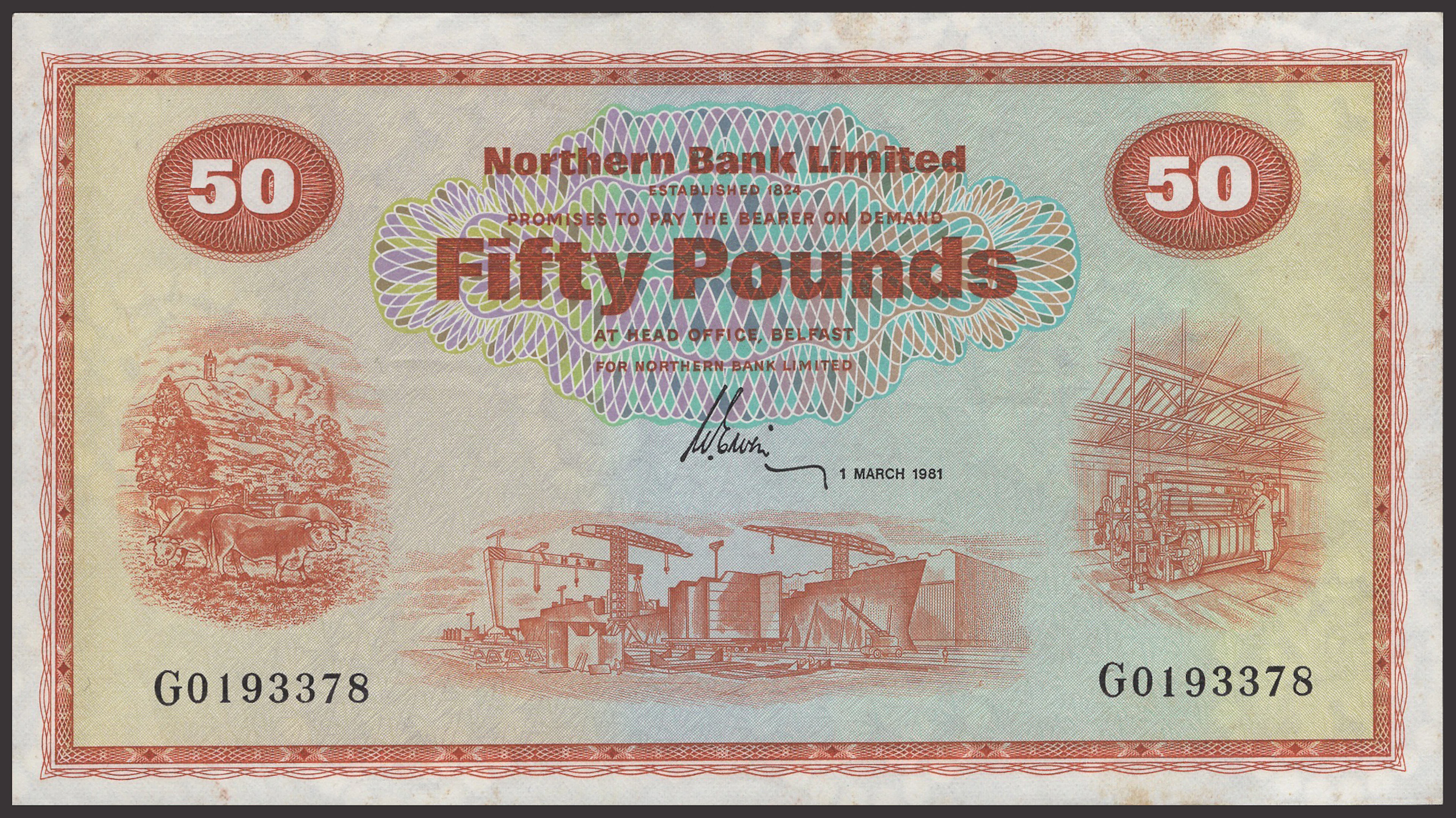 Northern Bank Limited, £50, 1 March 1981, serial number G0193378