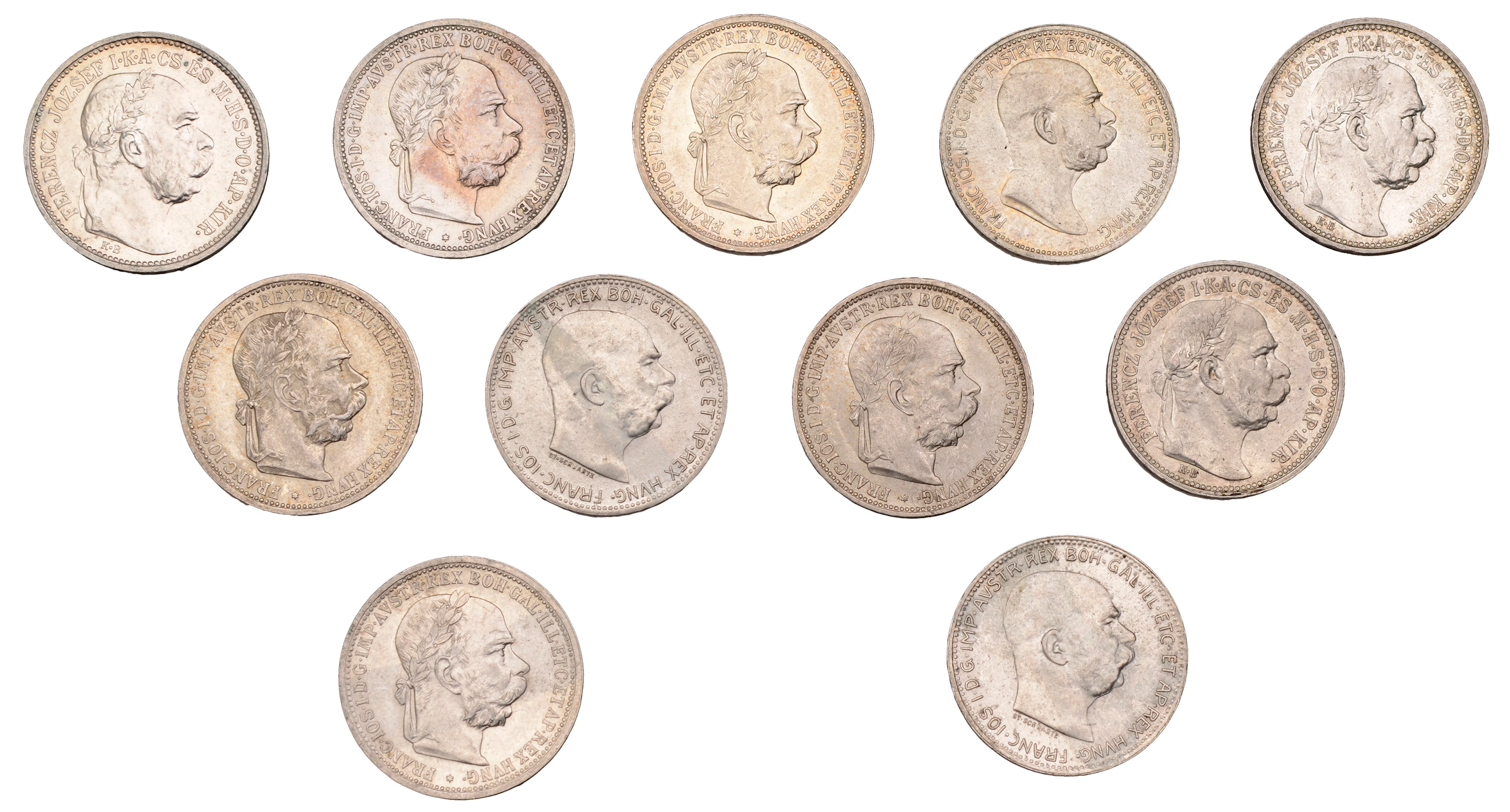 Austria, Franz Joseph I, Corona (8), 1893 (2), 1900, 1901, 1902, 1908