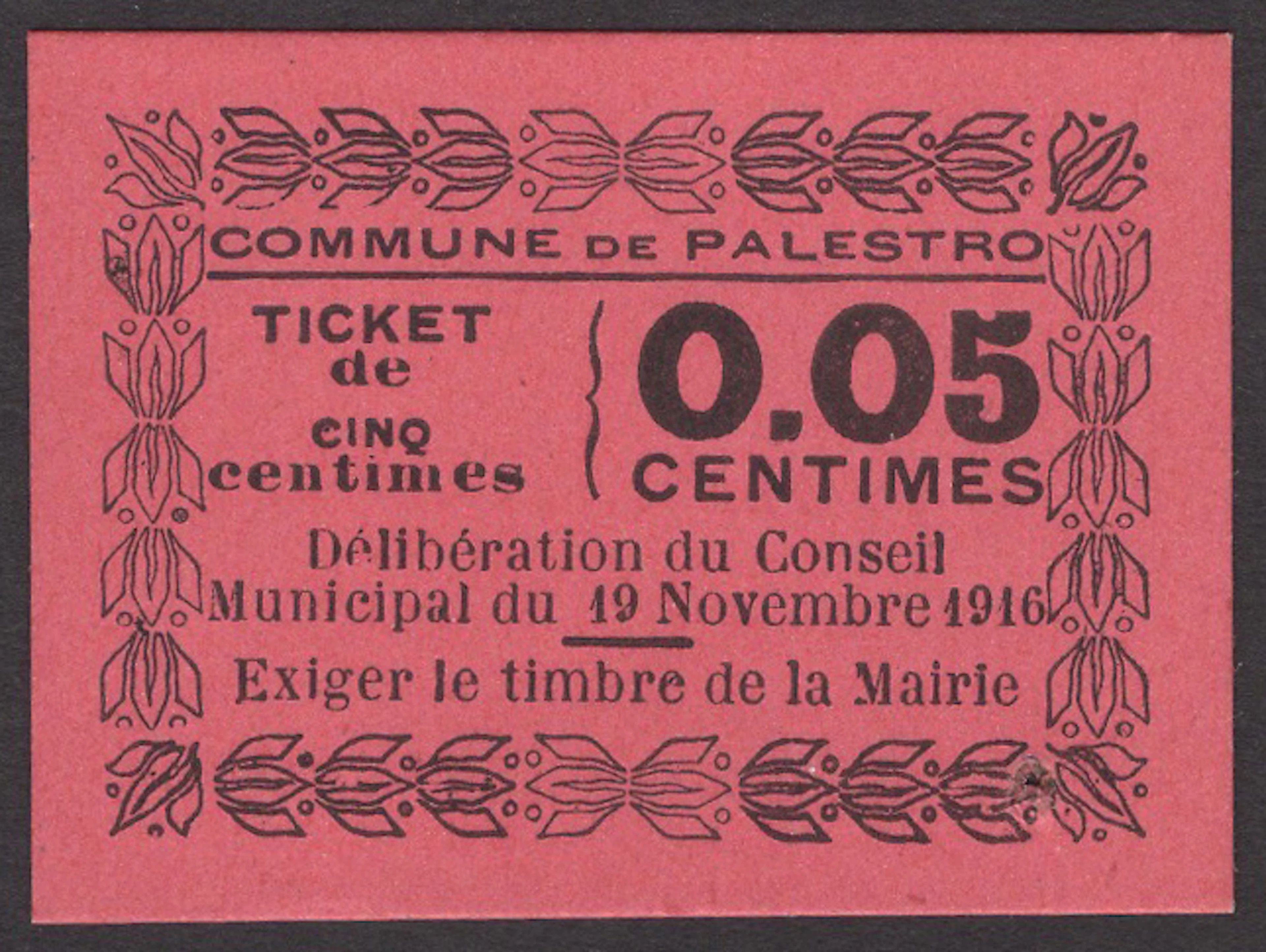 Commune de Palestro, 5 Centimes, 19 November 1916, black on pink card
