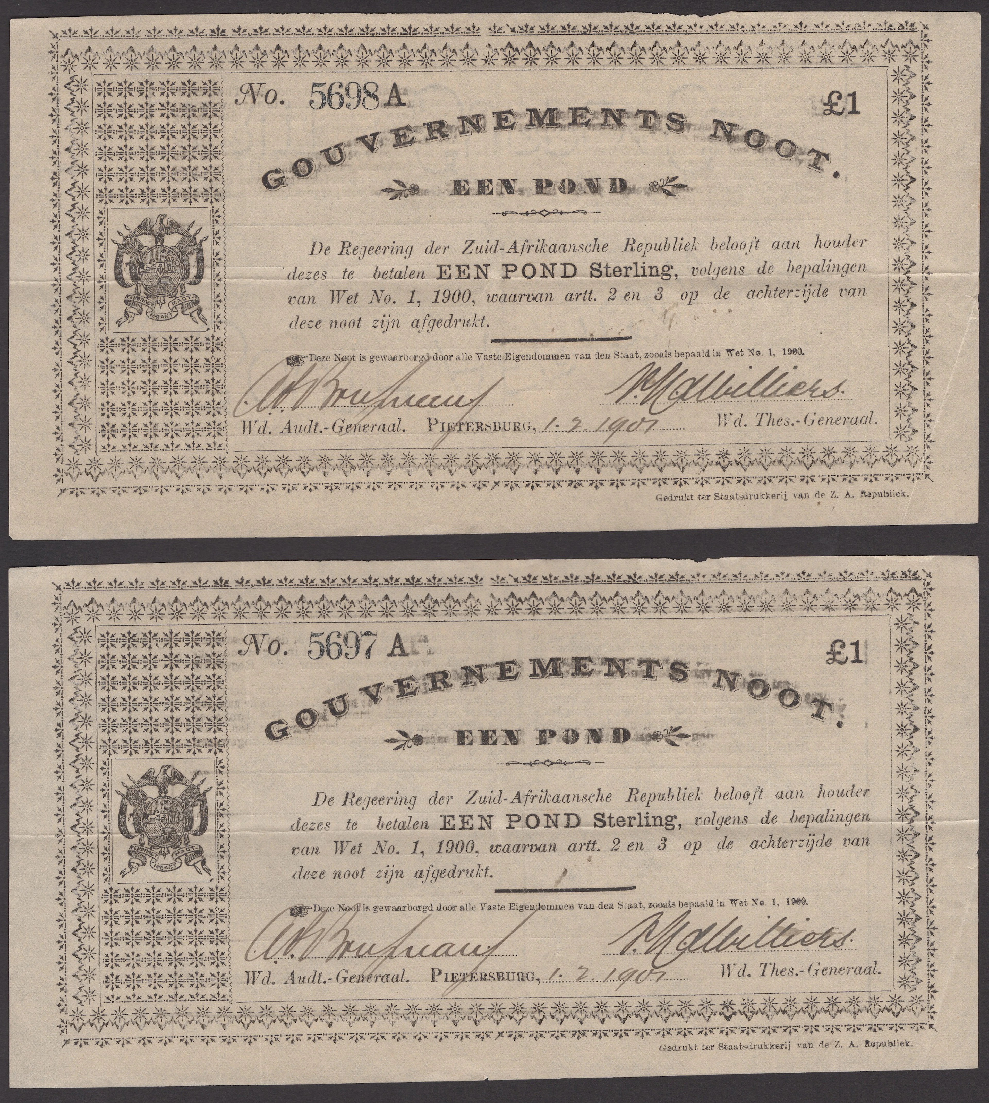 Gouvernements Noots, £1 (2), Pietersburg, 1 February 1901, consecutive