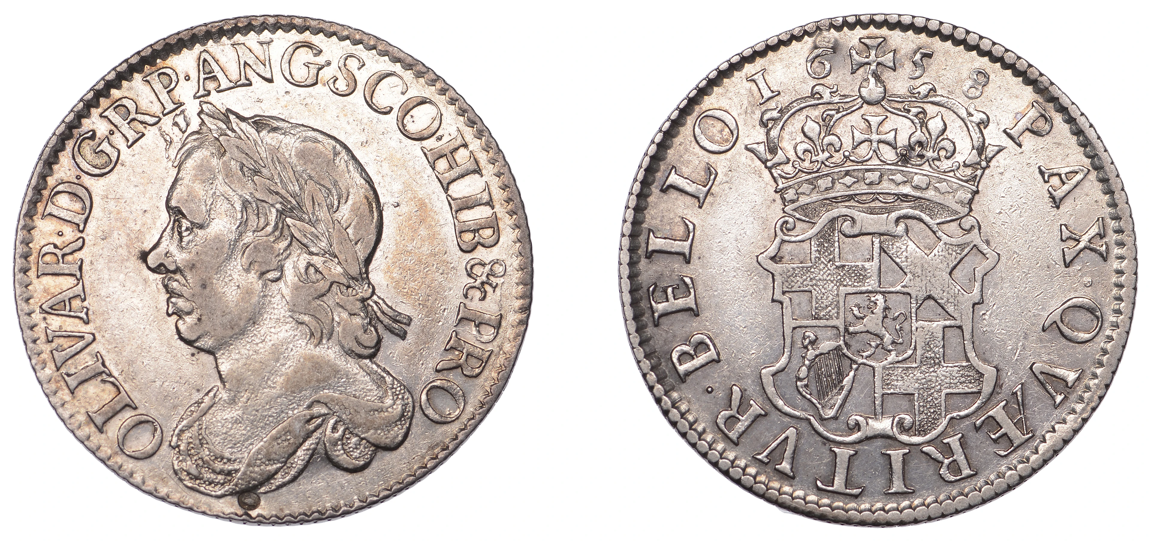 Oliver Cromwell, Shilling, 1658, 5.99g/6h (Lessen J28; ESC 254, and