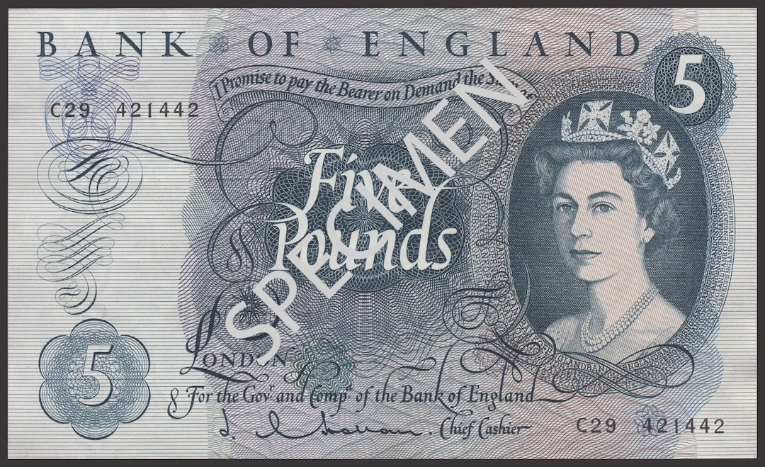 Bank of England, Jasper Q. Hollom, £5 (21), 21 February 1963, consecutive