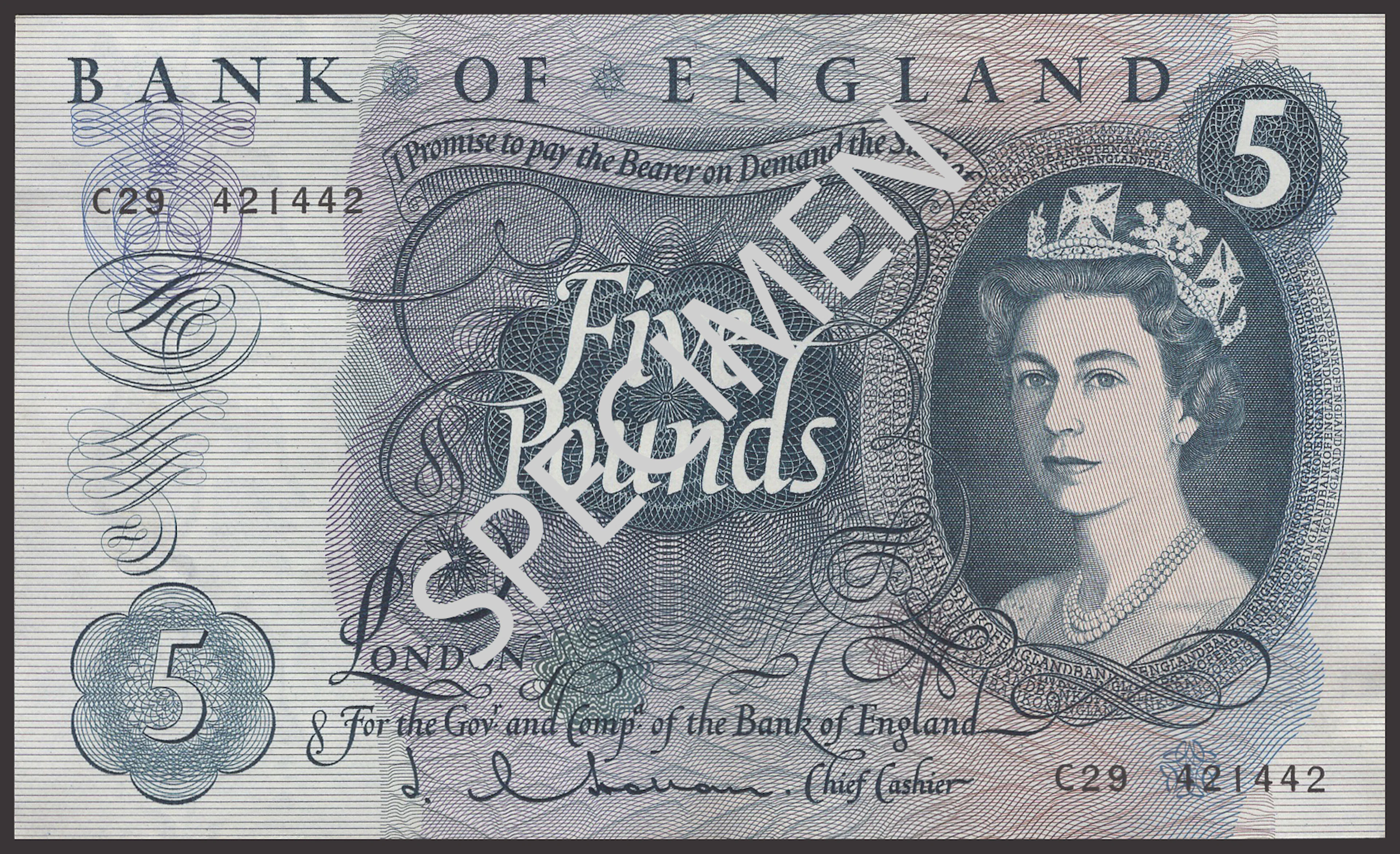 Bank of England, Jasper Q. Hollom, £5 (21), 21 February 1963, consecutive