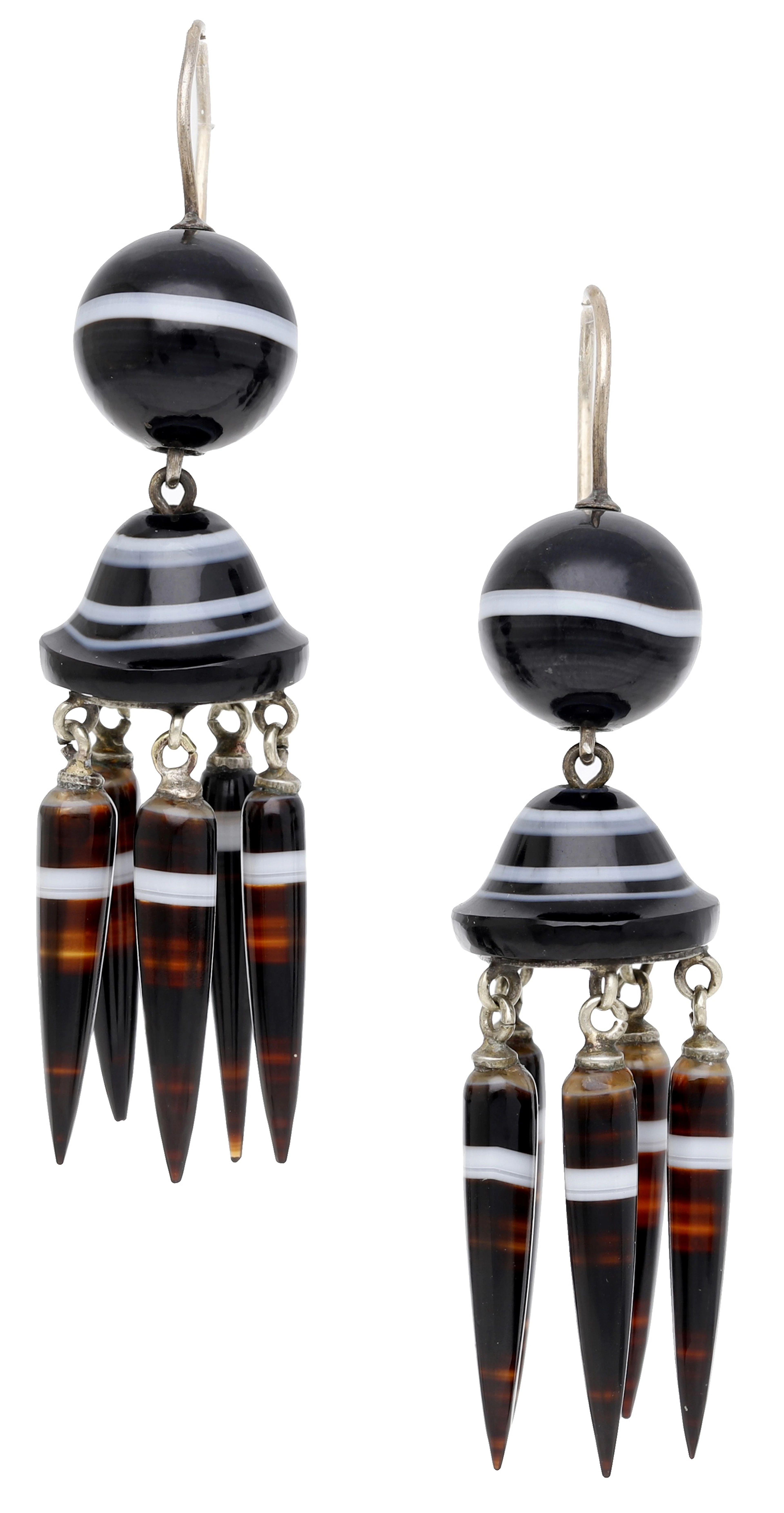 A pair of late 19th century banded agate ear pendants, set with banded