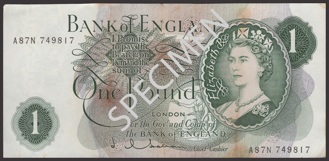 Bank of England, Jasper Q. Hollom, £1 (84), 27 February 1963, consecutive
