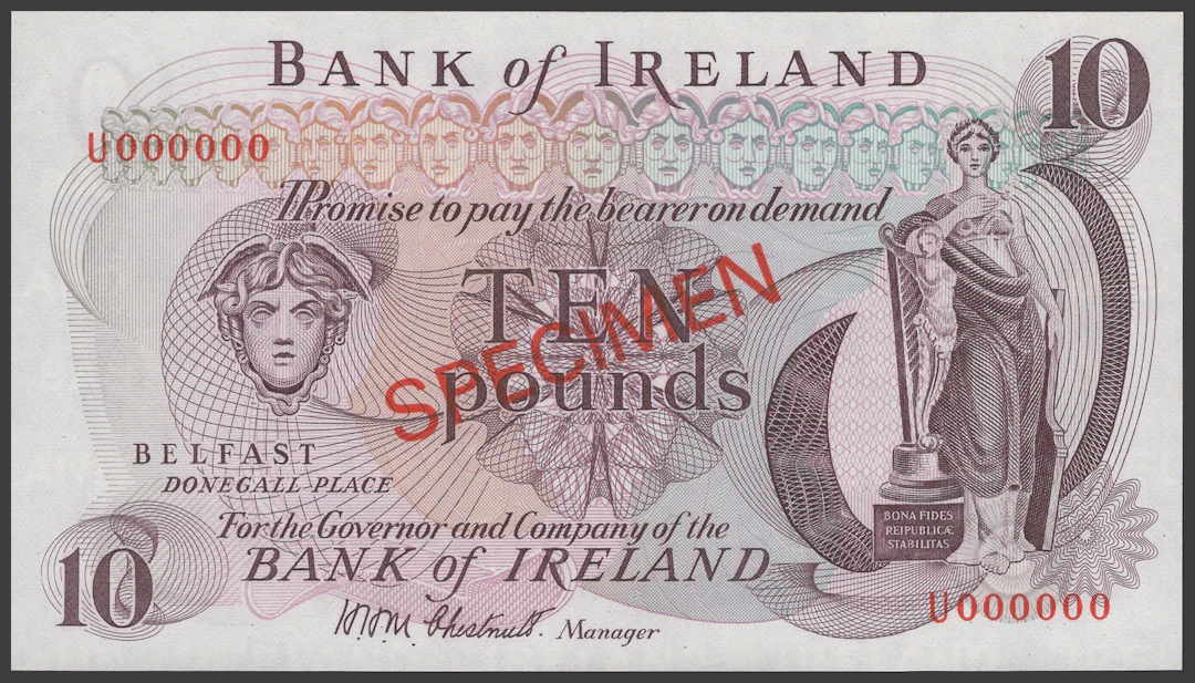 Bank of Ireland, specimen £10, ND (1971), serial number U000000, Chestnutt