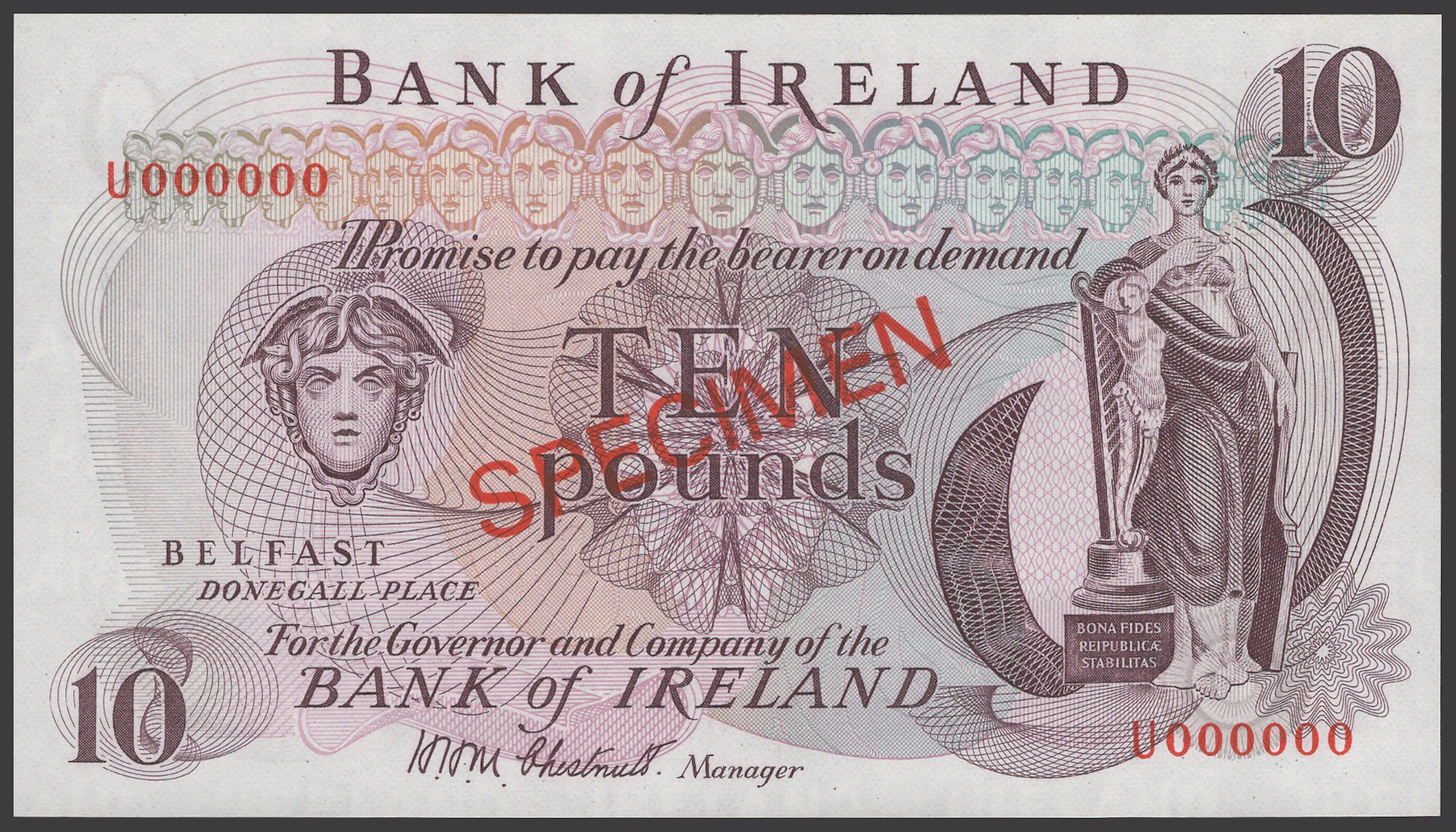 Bank of Ireland, specimen £10, ND (1971), serial number U000000, Chestnutt