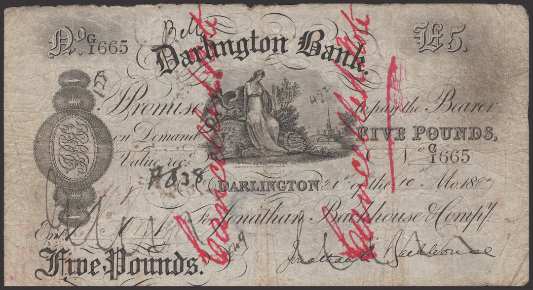 Darlington Bank, for Jonathan Backhouse & Compy, cancelled £5, 31