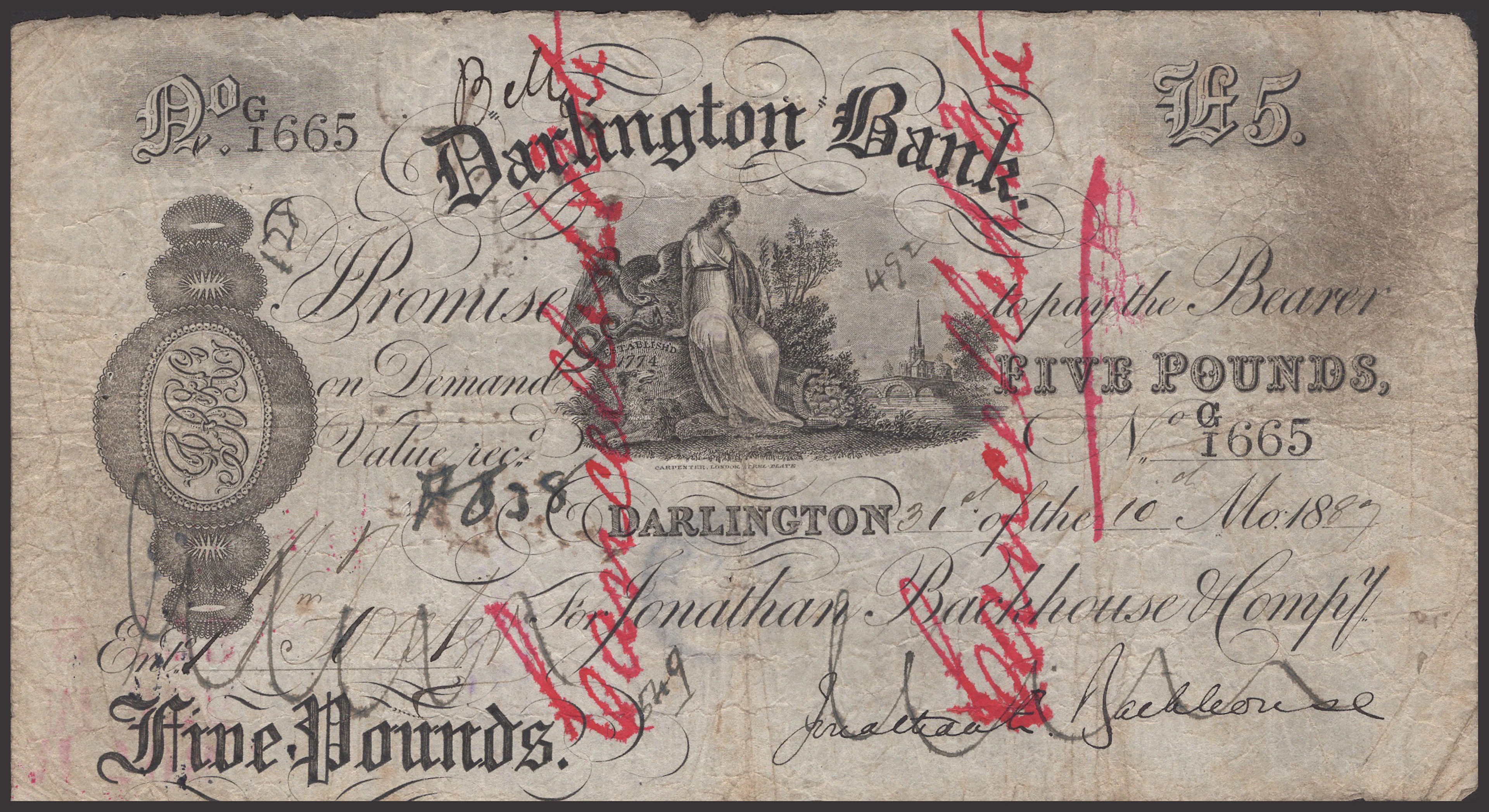 Darlington Bank, for Jonathan Backhouse & Compy, cancelled £5, 31