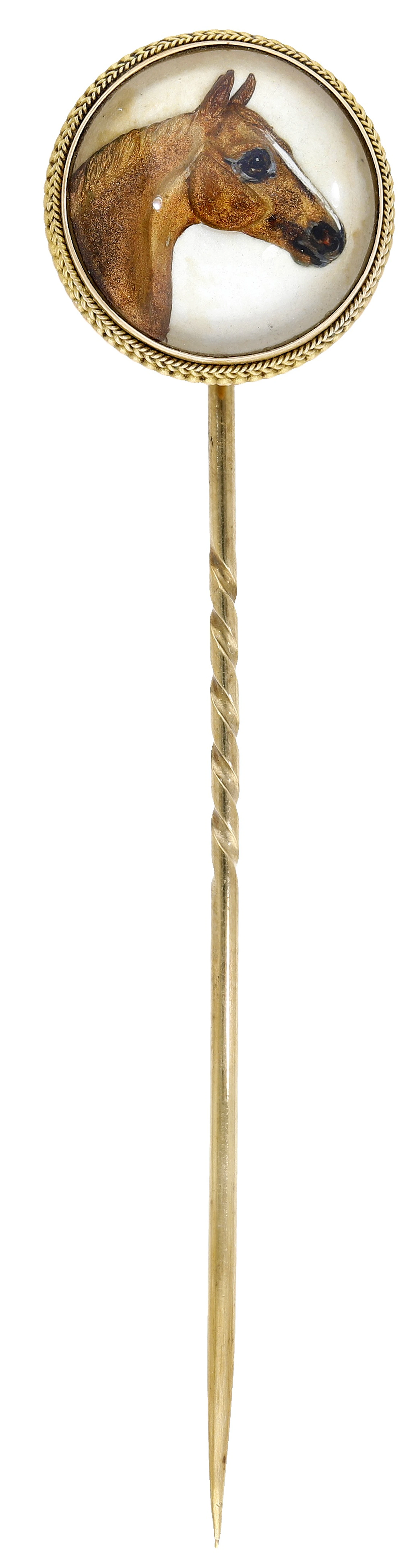An early 20th century reverse painted crystal intaglio stickpin, depicting