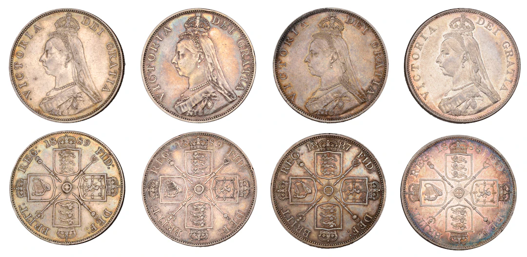 Victoria, Double Florins (4), 1887, Roman I in date, 1888, 1889 (2)