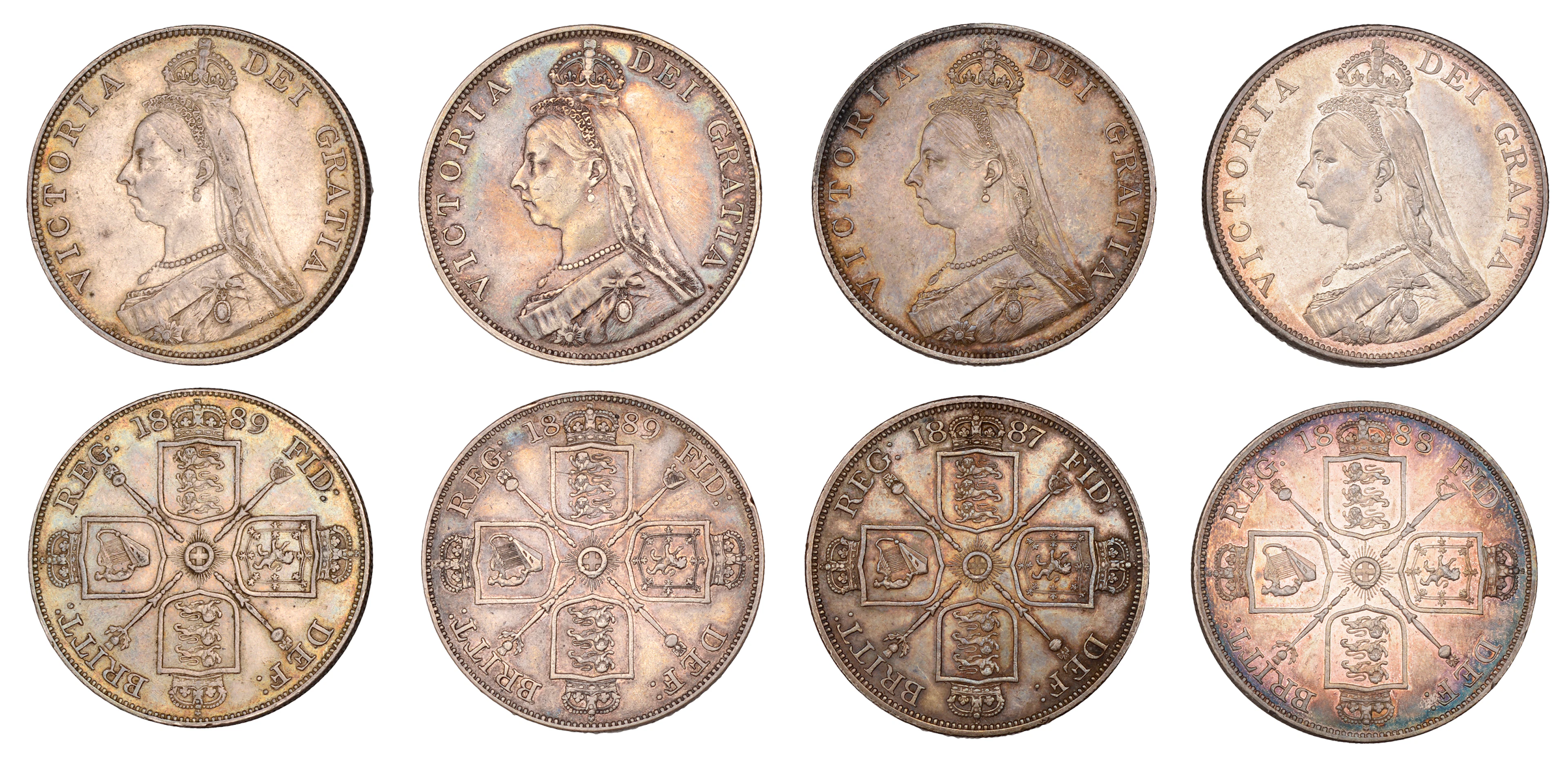Victoria, Double Florins (4), 1887, Roman I in date, 1888, 1889 (2)