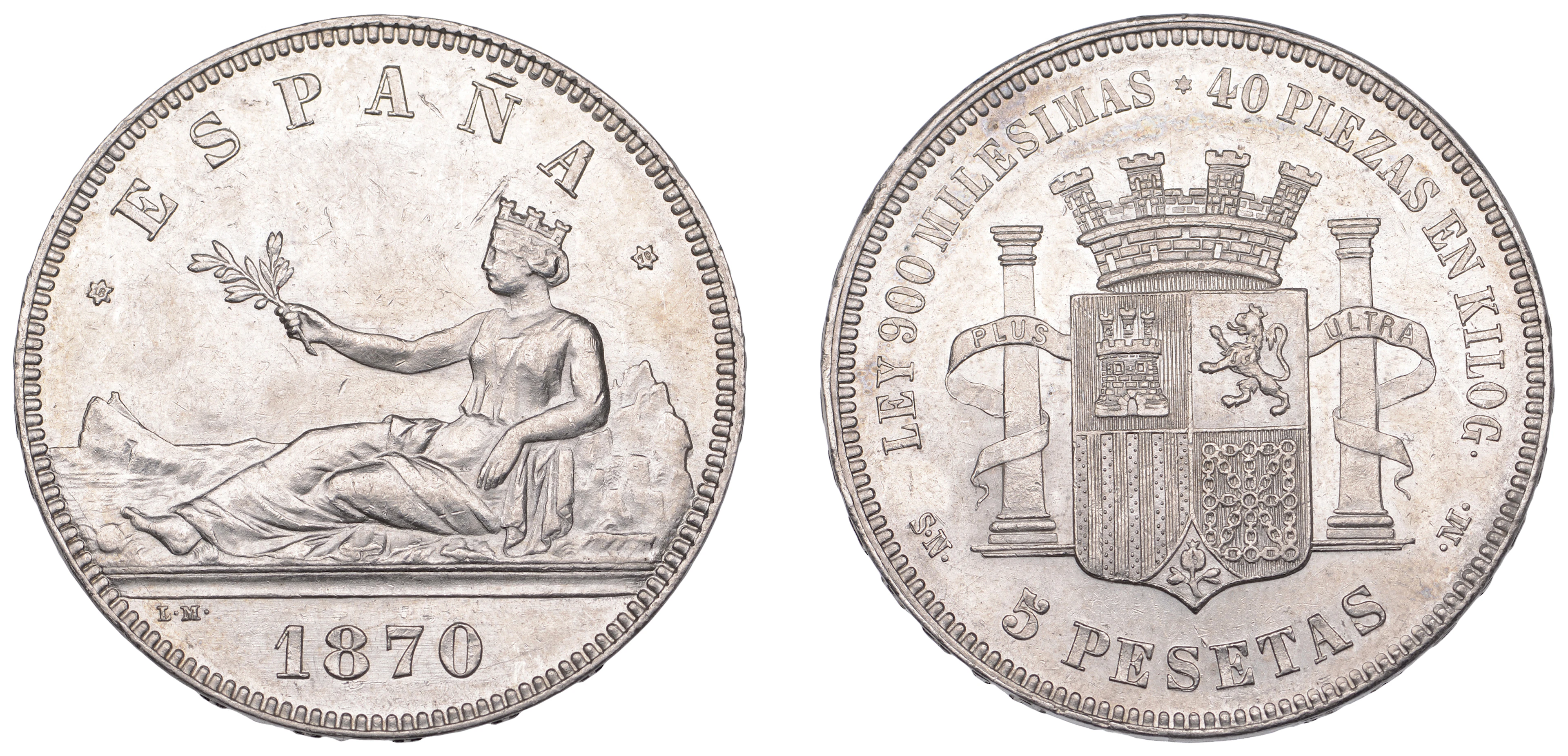 Spain, Provisional Government, 5 Pesetas, 1870, Madrid (KM 655). Good
