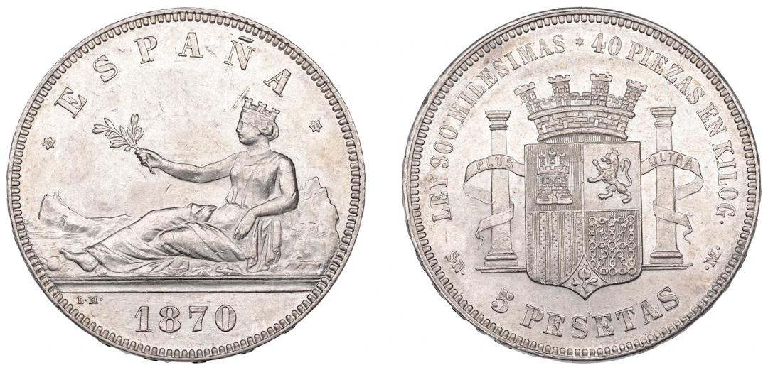 Spain, Provisional Government, 5 Pesetas, 1870, Madrid (KM 655). Good