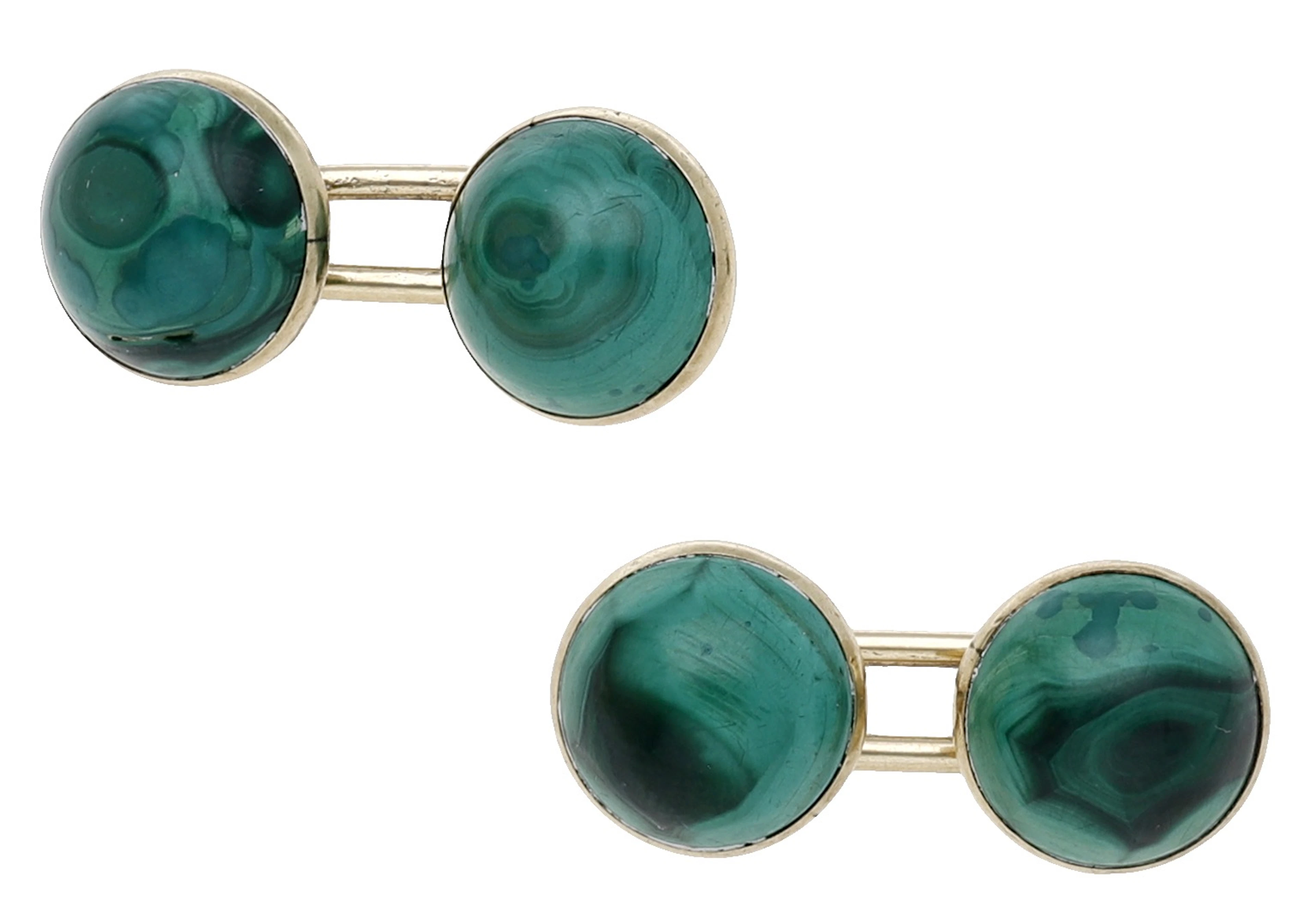 A pair of malachite cufflinks, the malachite cabochons collet-set