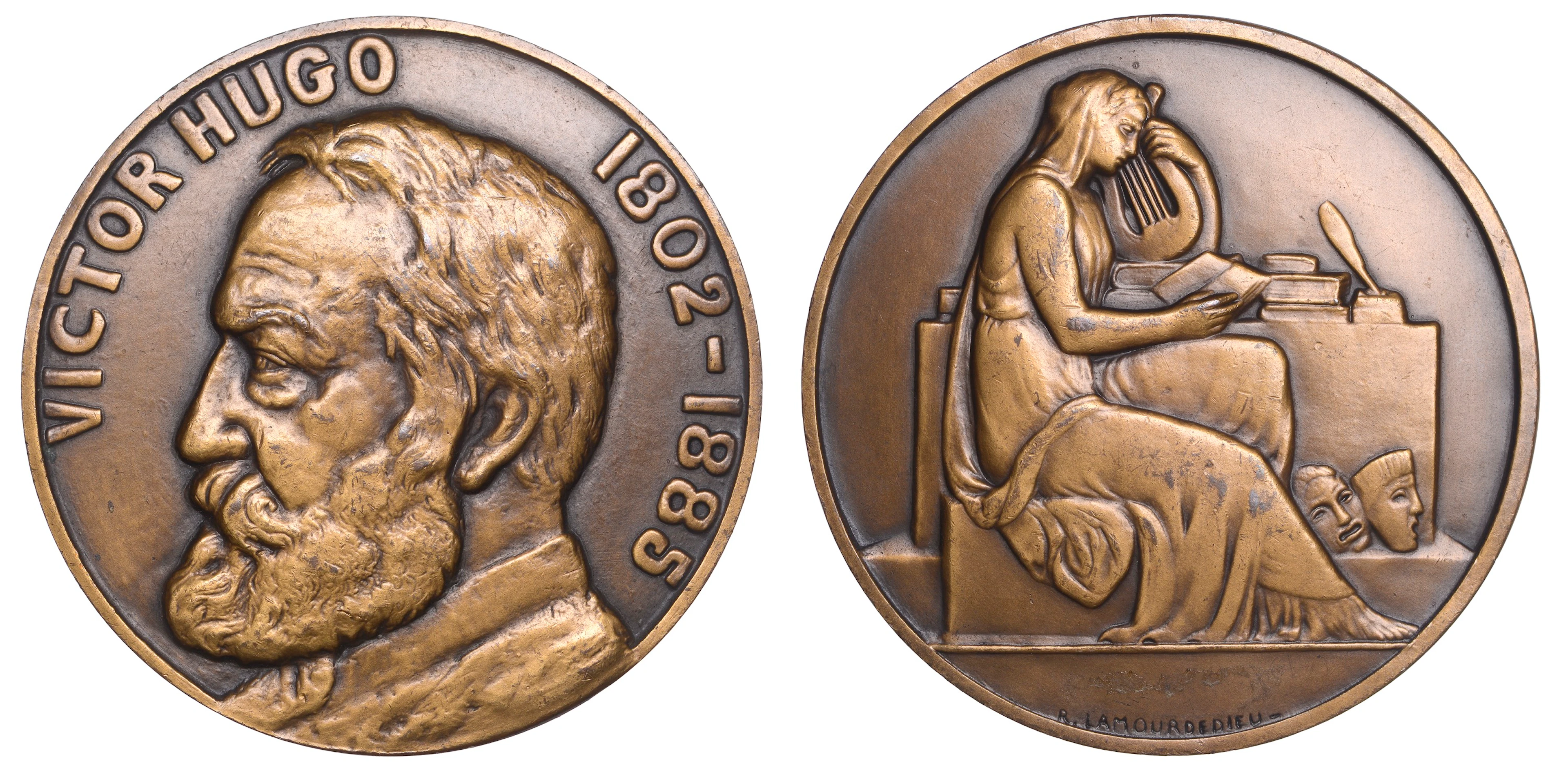 FRANCE, Victor Hugo, 1935, an Art Déco bronze medal by R.-E. Lamourdedieu