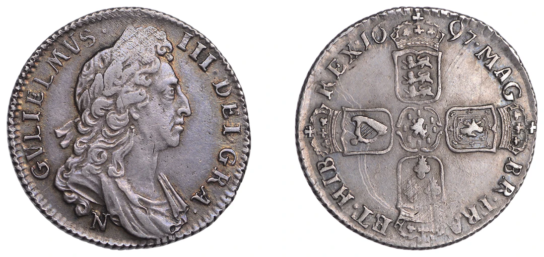 William III (1694-1702), Shilling, 1697n, first bust, four strings