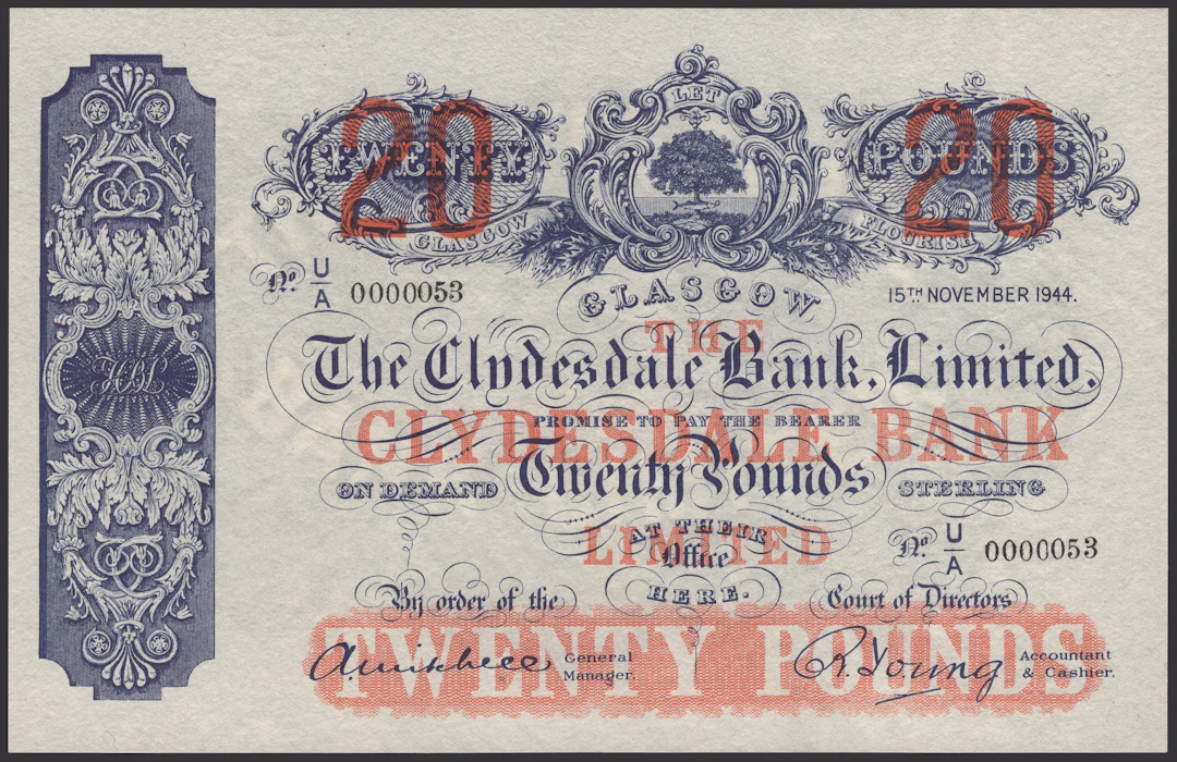 Clydesdale Bank Limited, £20, 15 November 1944, serial number U/A