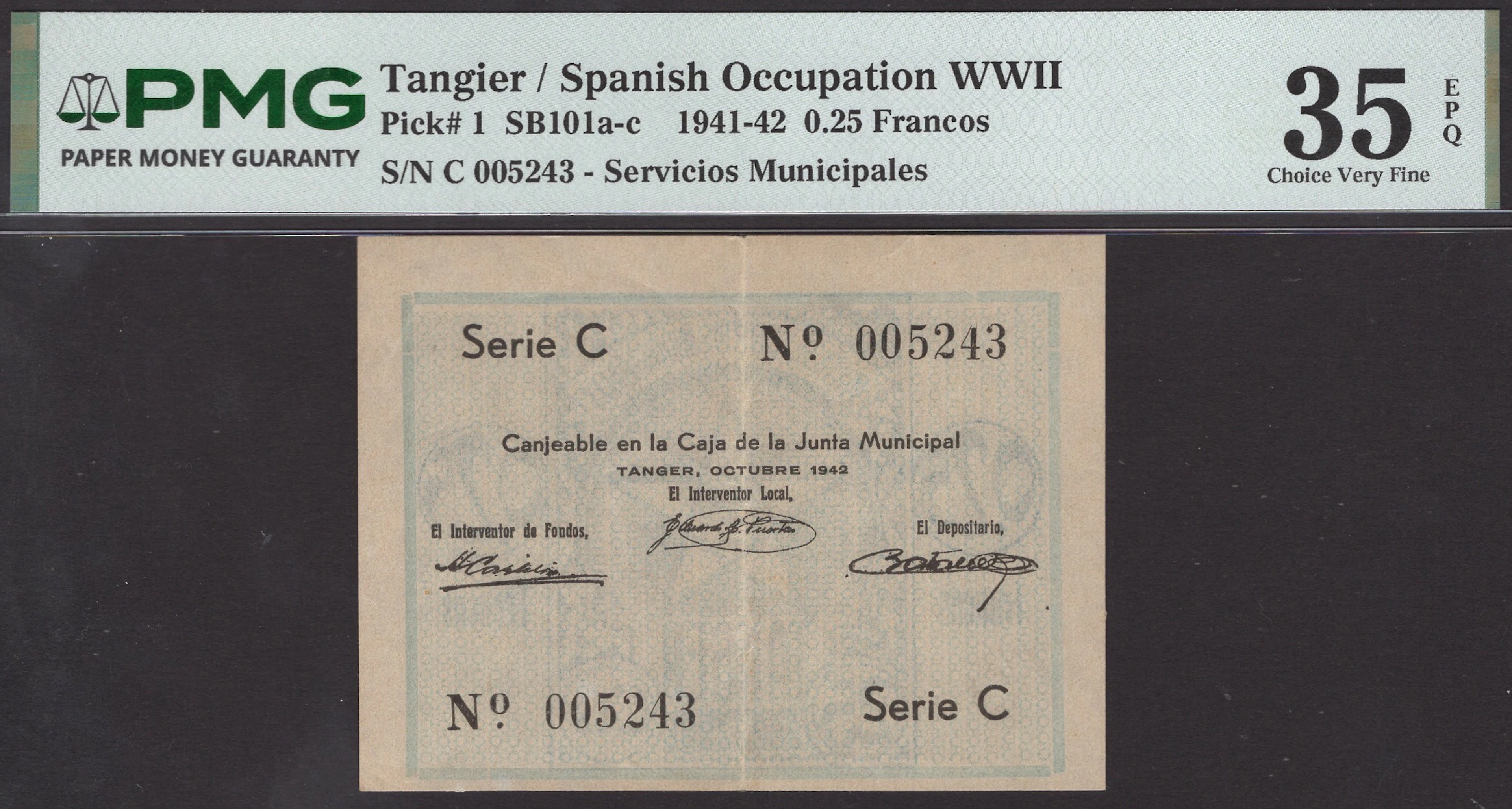 Junta de Servicios Municipales, Tangier, 0.25 Francos, October 1942