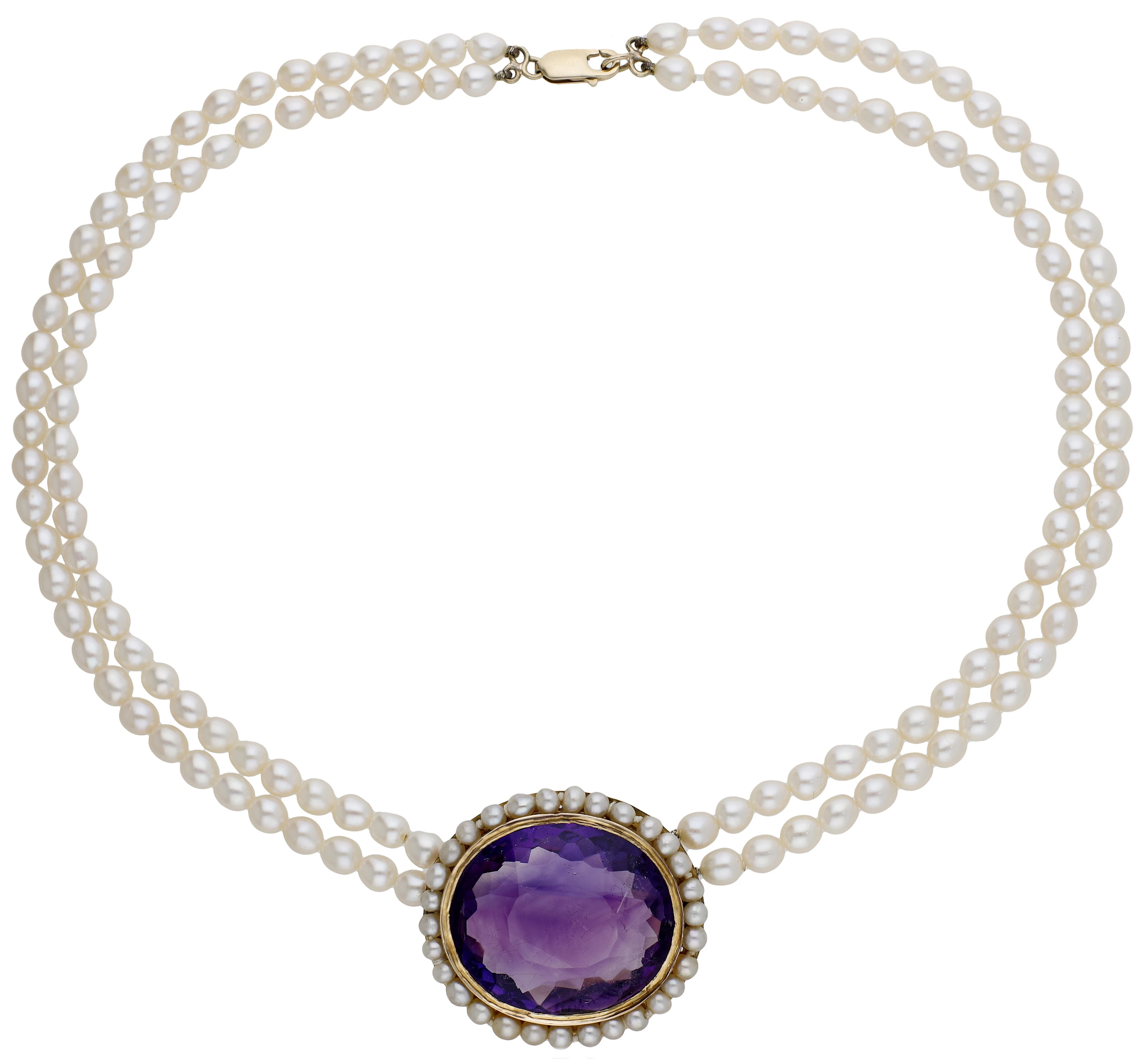 An amethyst and pearl necklace, the centrepiece converted from another