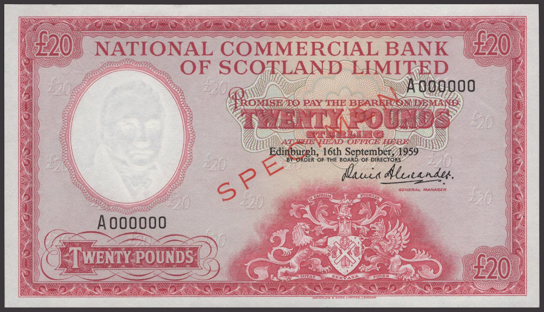National Commercial Bank of Scotland, specimen £20, 16 September 1959