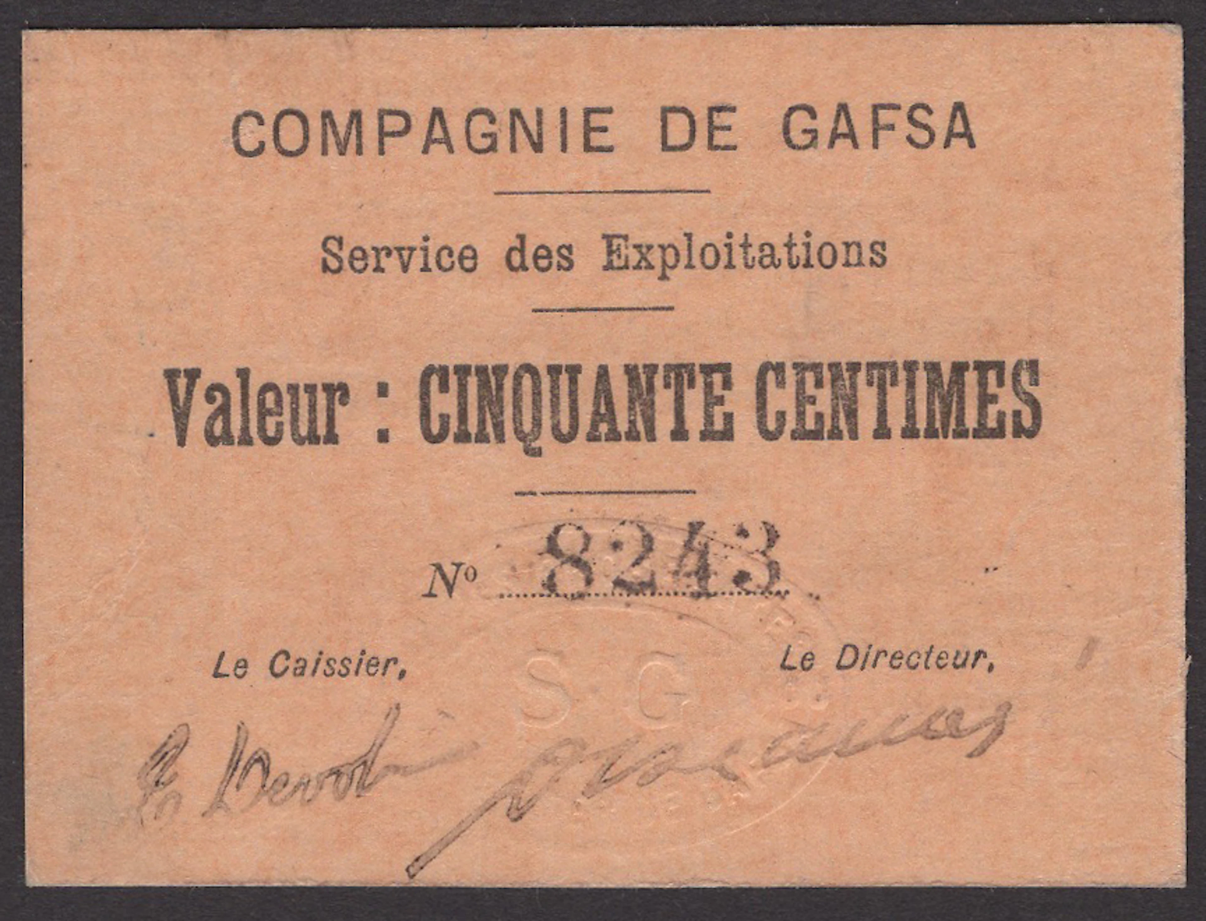 Compagnie de Gafsa, Tunisia, 50 Centimes, 10 May 1918, serial number