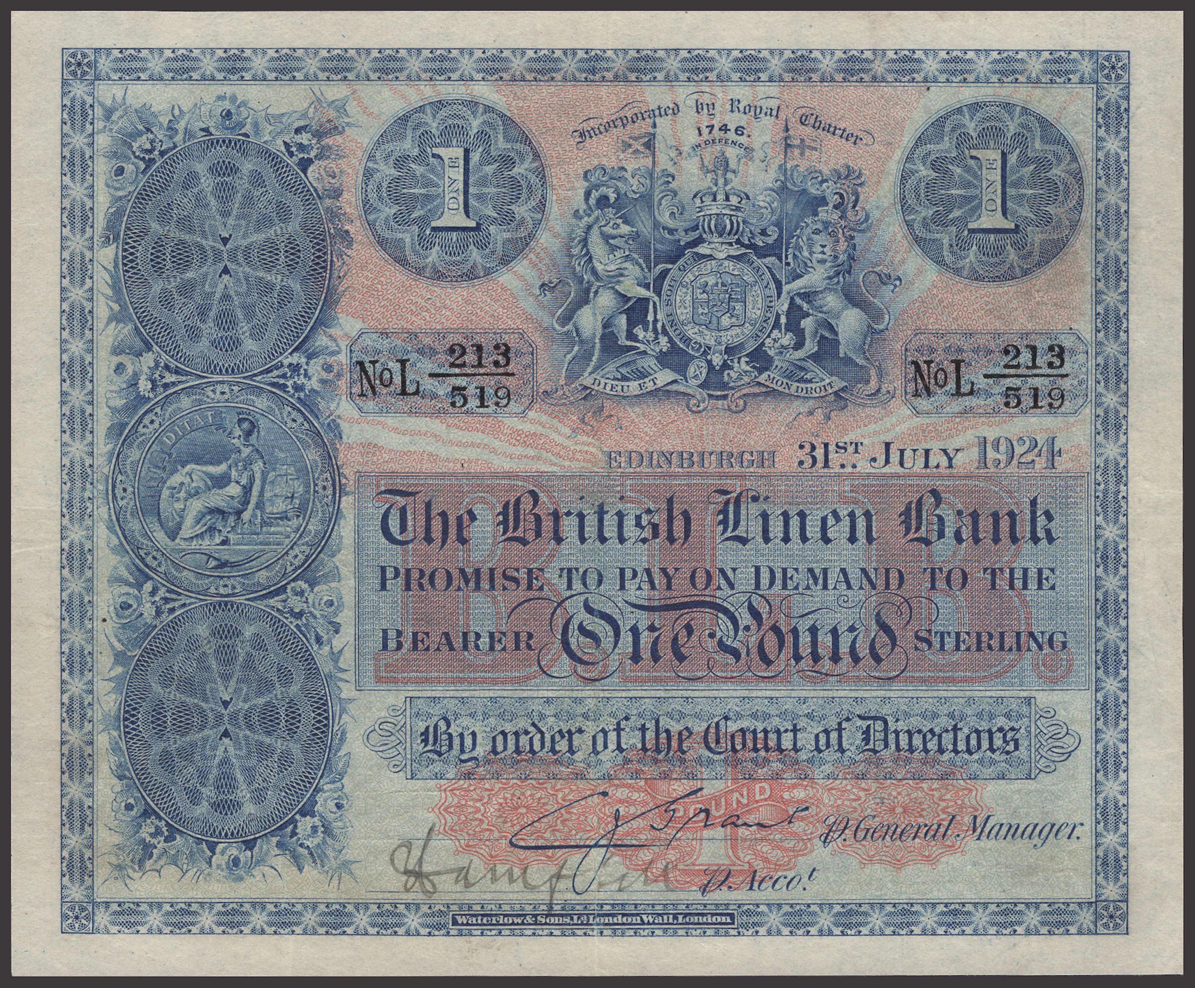 British Linen Bank, £1, 31 July 1924, serial number L 213/519, Grant