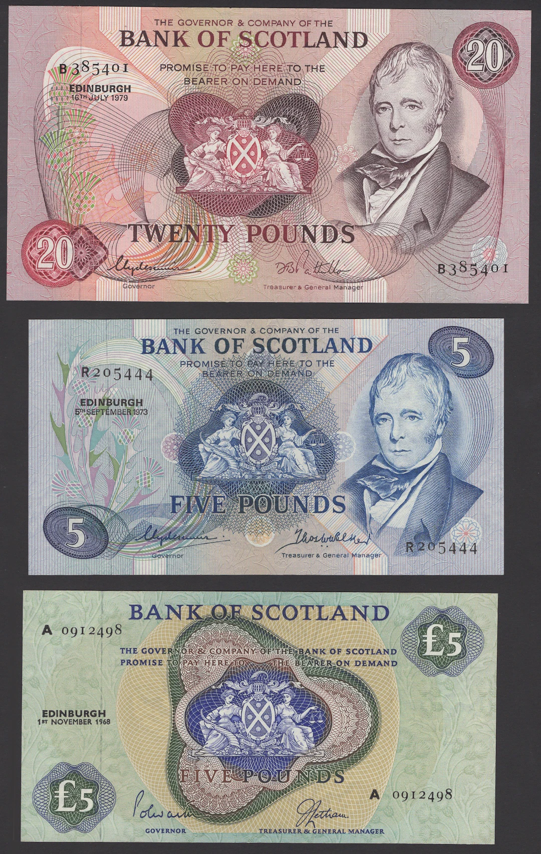Bank of Scotland, £5, 1 November 1968, prefix A, £5, 5 September 1973