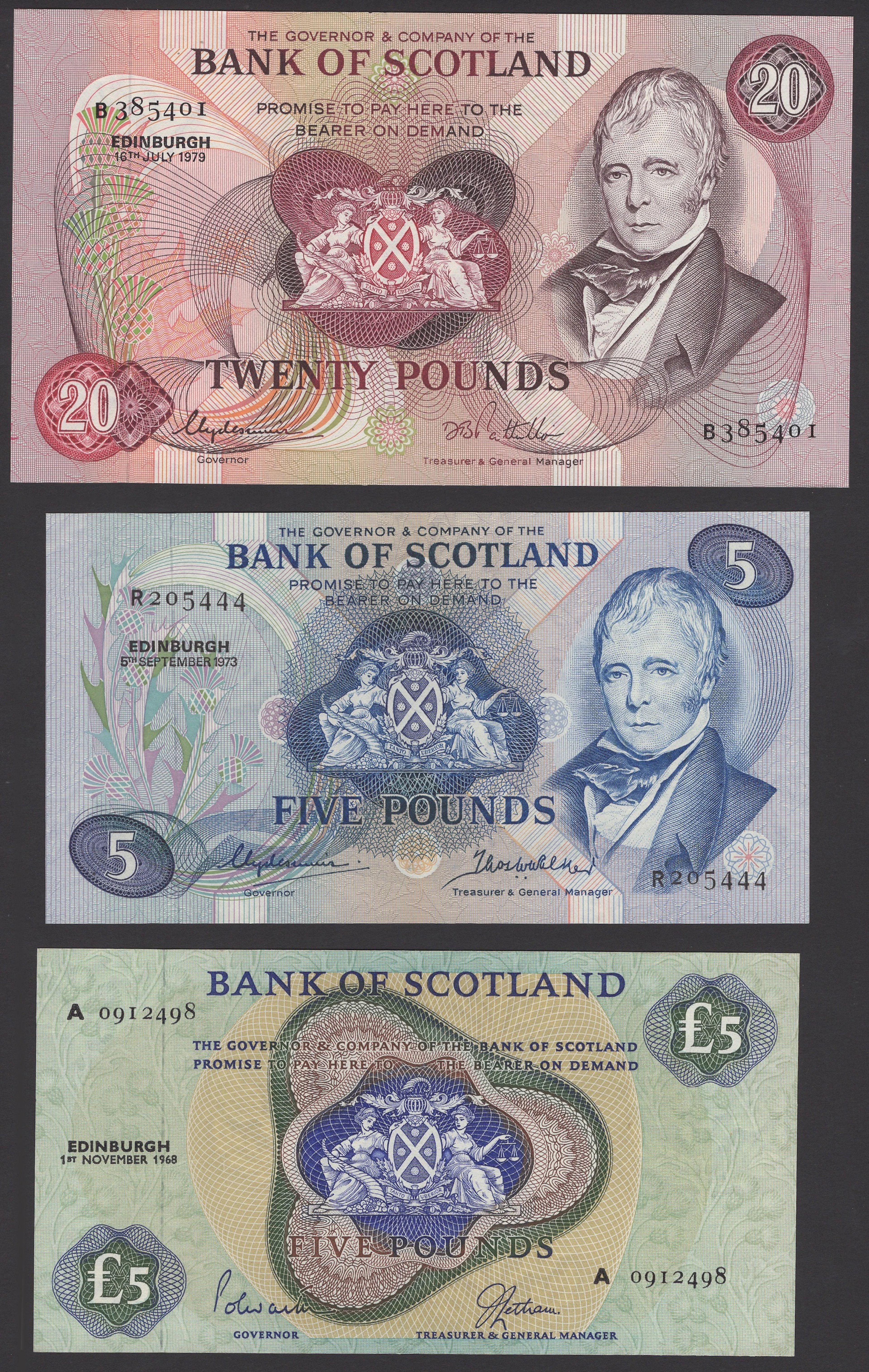 Bank of Scotland, £5, 1 November 1968, prefix A, £5, 5 September 1973