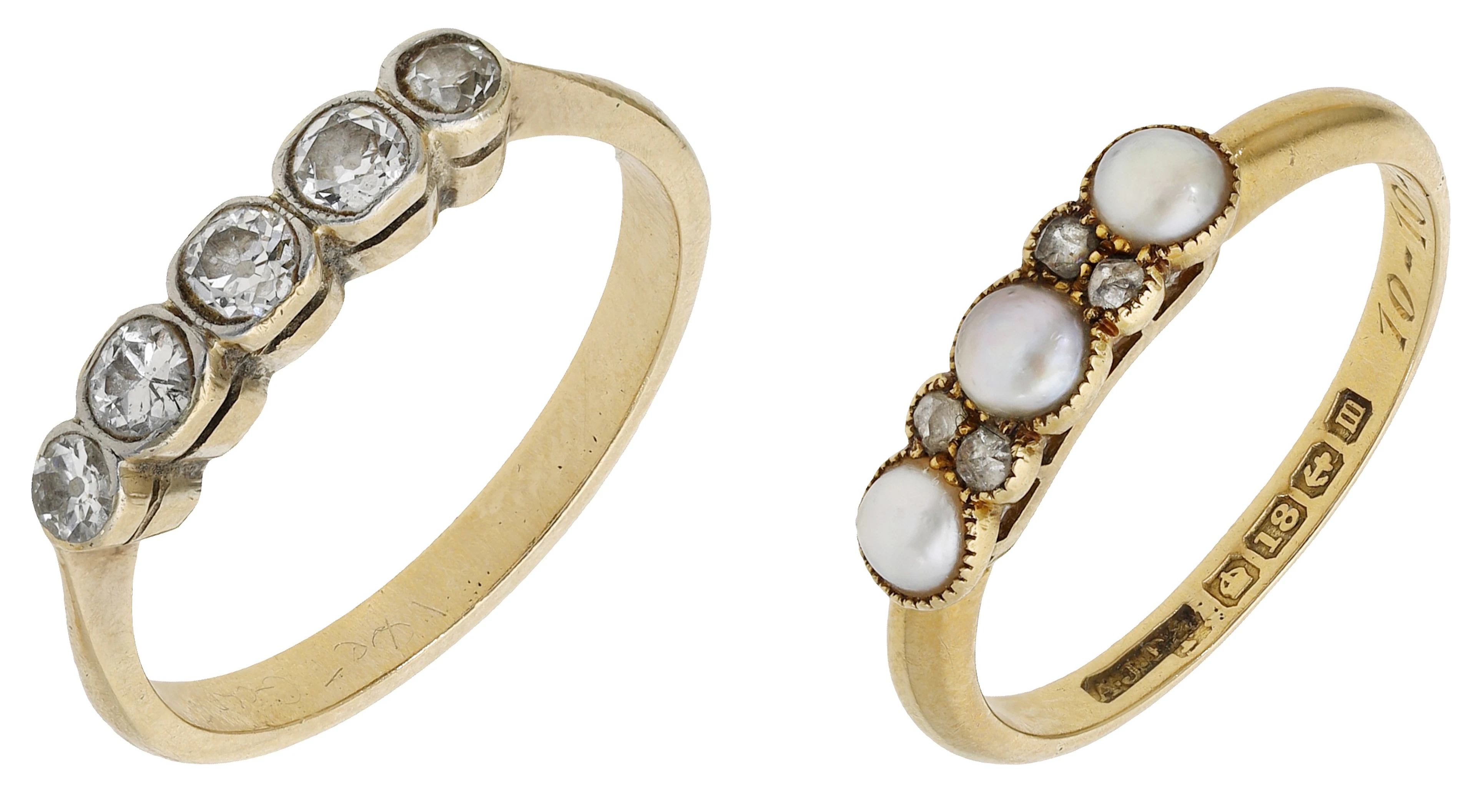 Two gem-set rings, comprising an old brilliant-cut diamond five stone