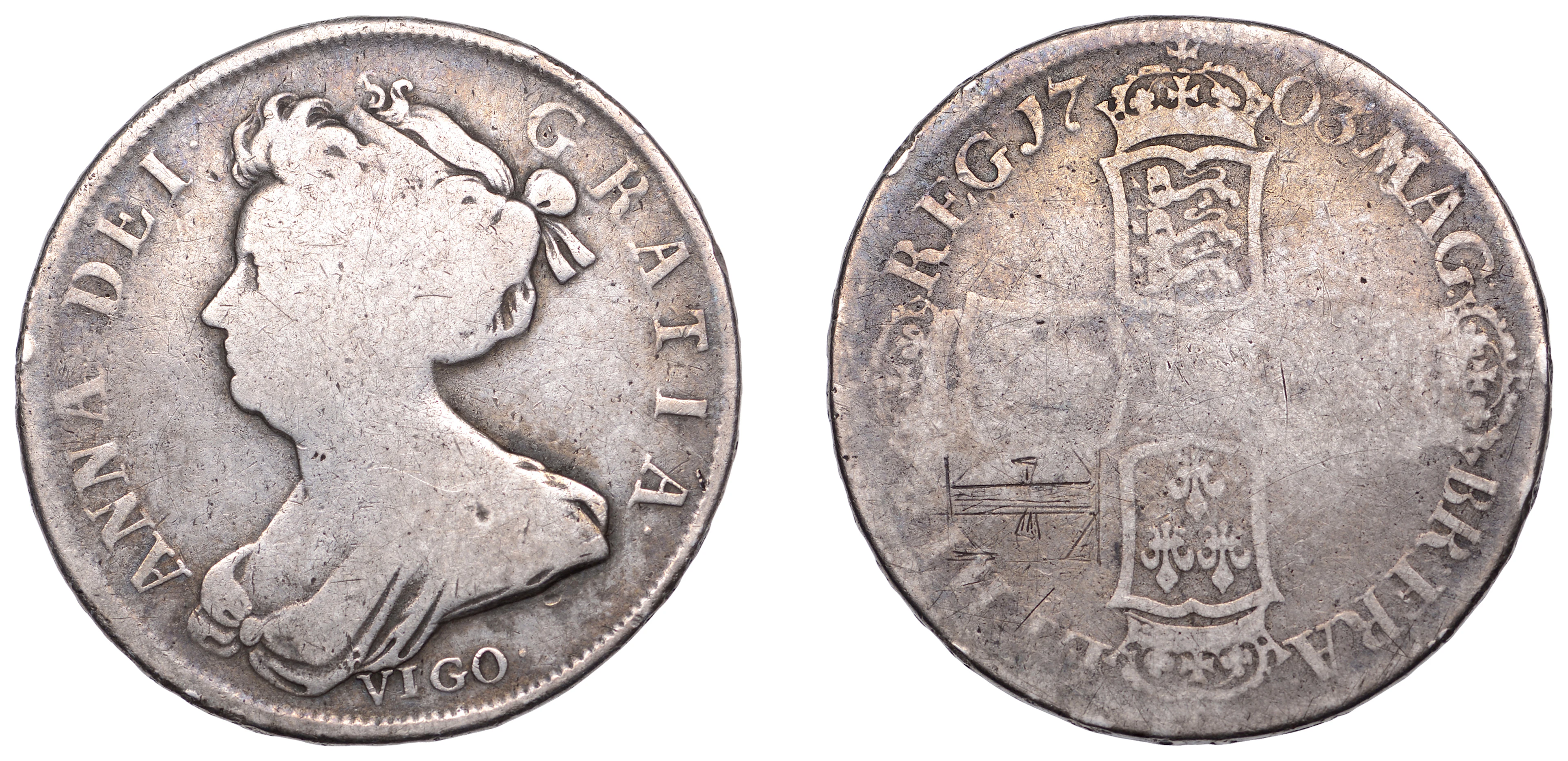 Anne (1702-1714), Halfcrown, 1703 vigo, edge tertio (ESC 1358; S 3580).
