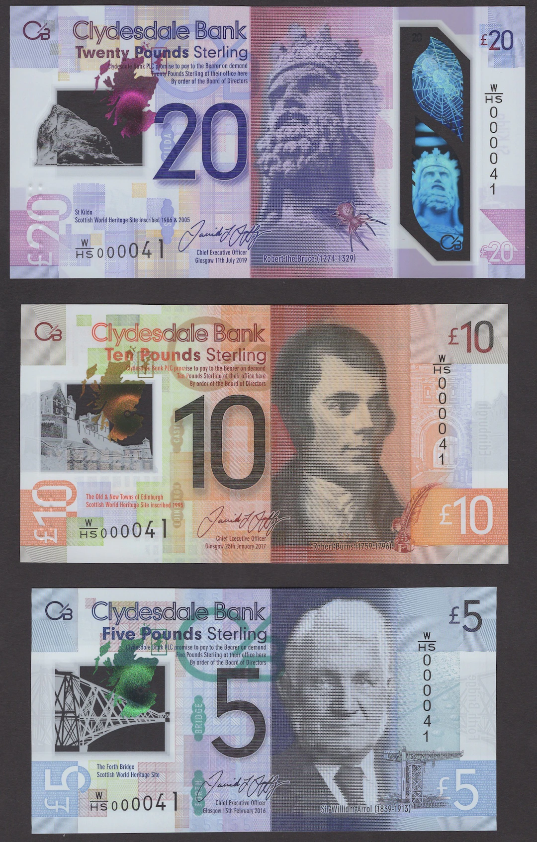 Clydesdale Bank PLC, £5, 2016, £10, 2017 and £20, 2019, serial numbers