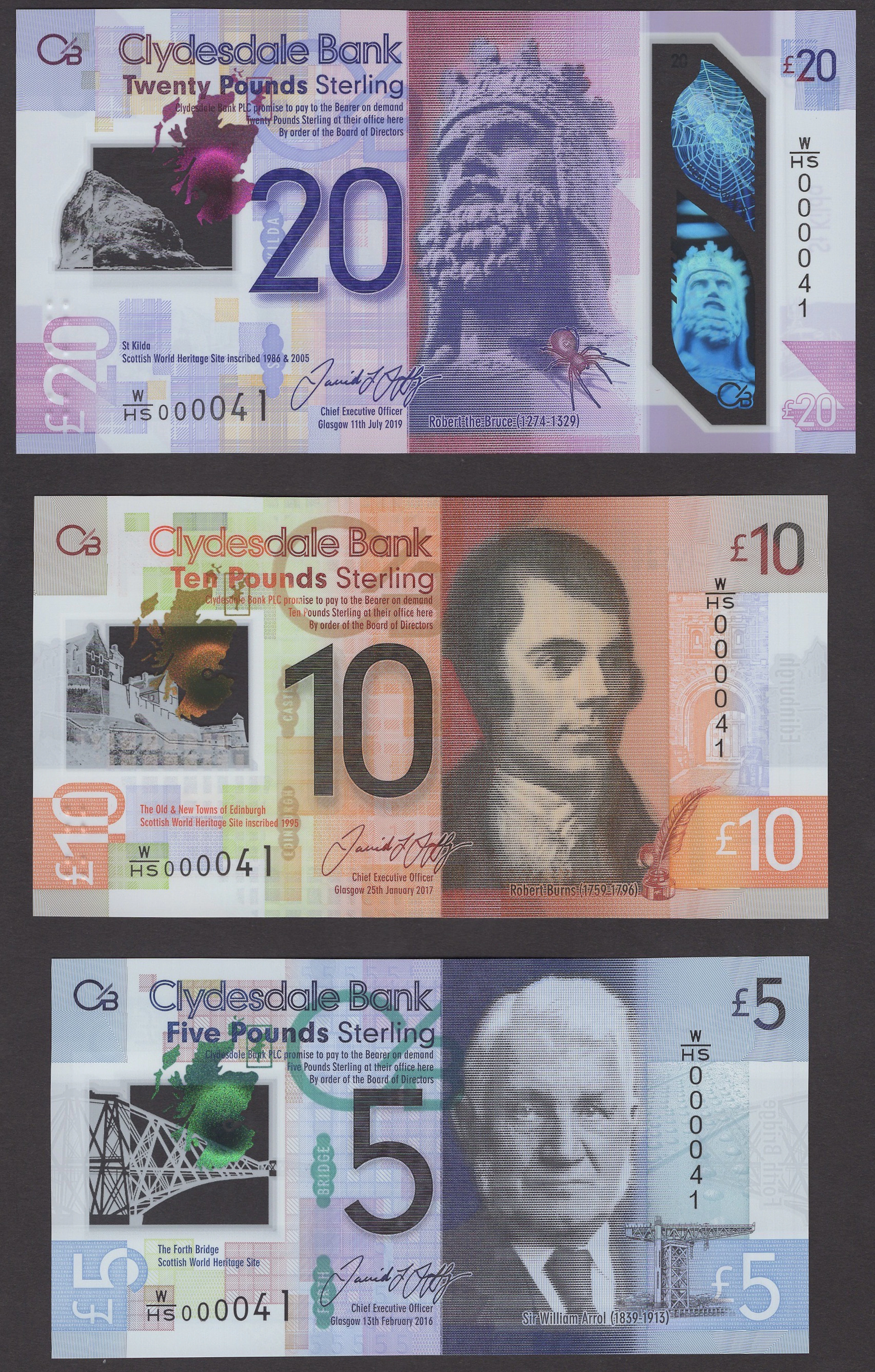 Clydesdale Bank PLC, £5, 2016, £10, 2017 and £20, 2019, serial numbers