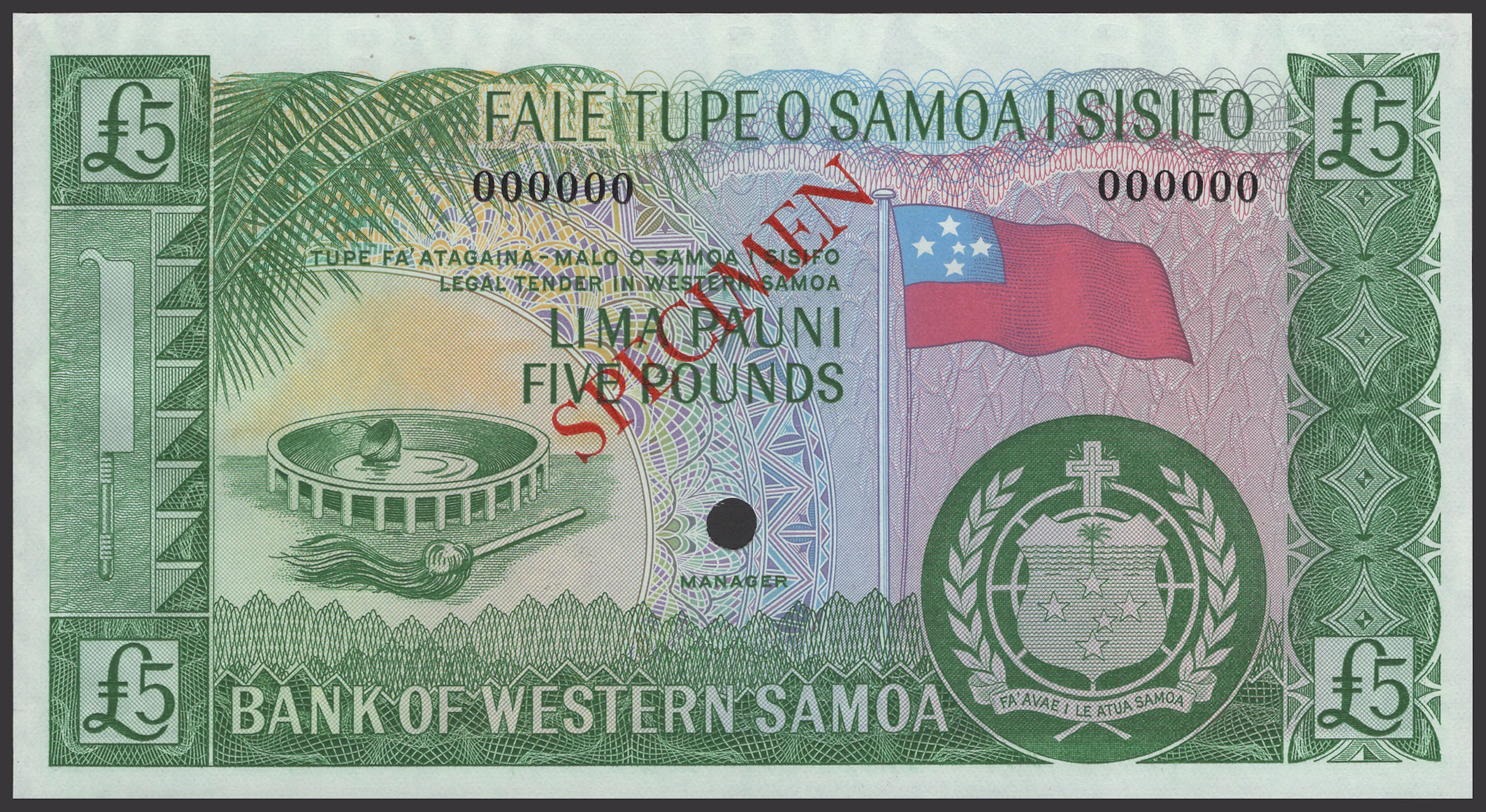 Bank of Western Samoa, colour trial £5, ND (1963), serial number 000000