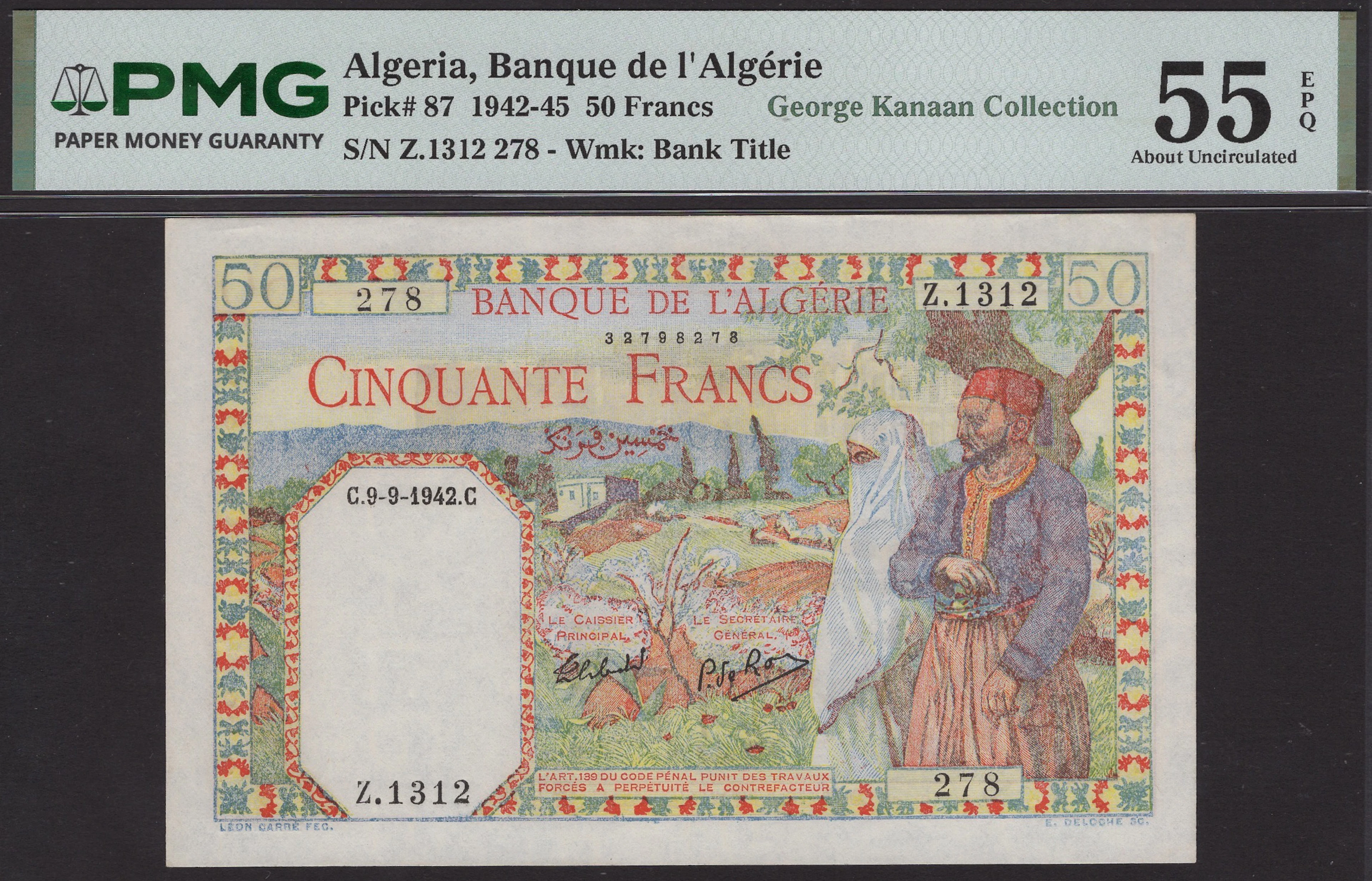 Banque de l’Algerie, 50 Francs, 9 September 1942, serial number Z.1312