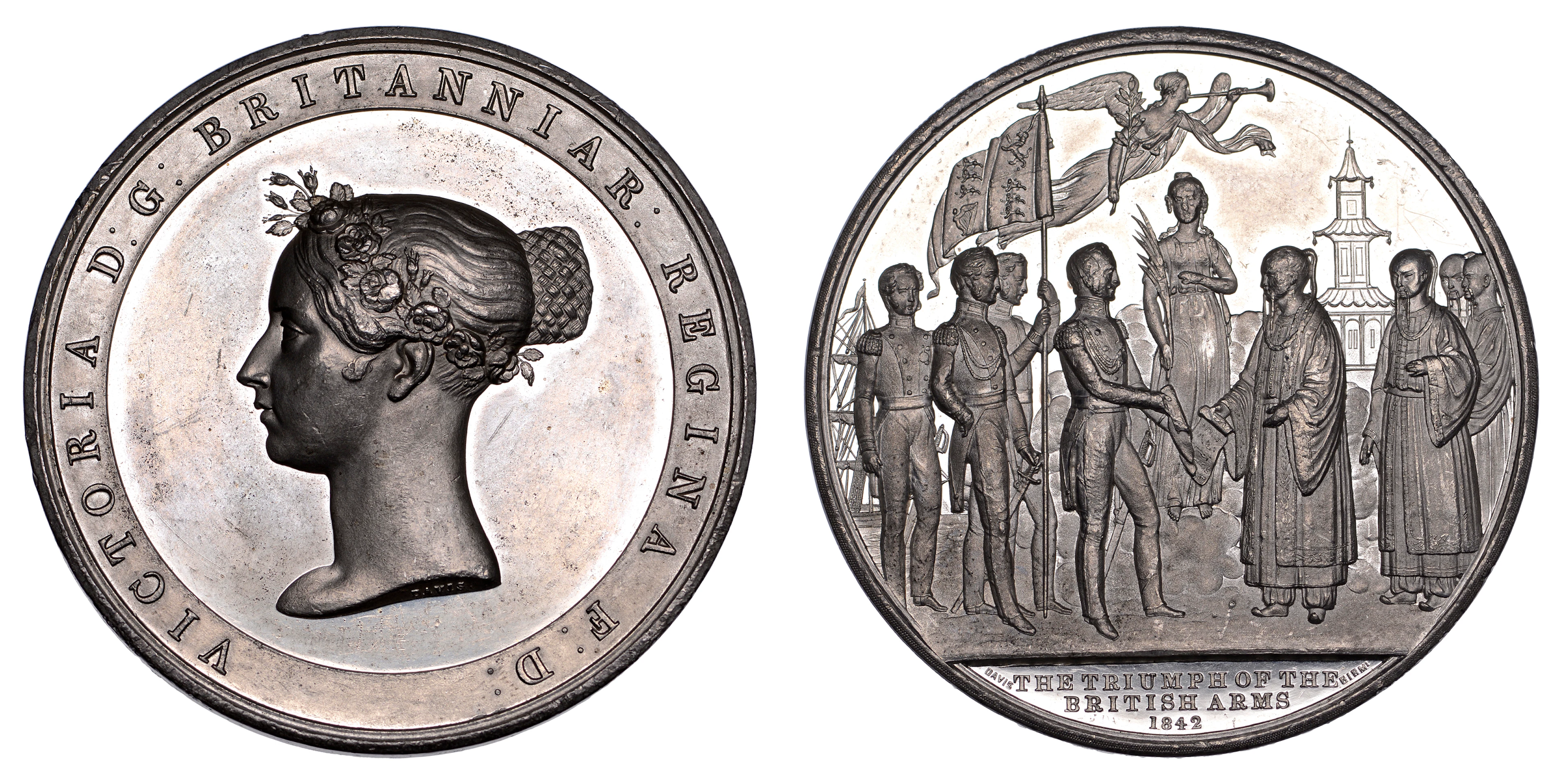 Treaty of Nanking, 1842, a white metal medal by J. Davis, bust left